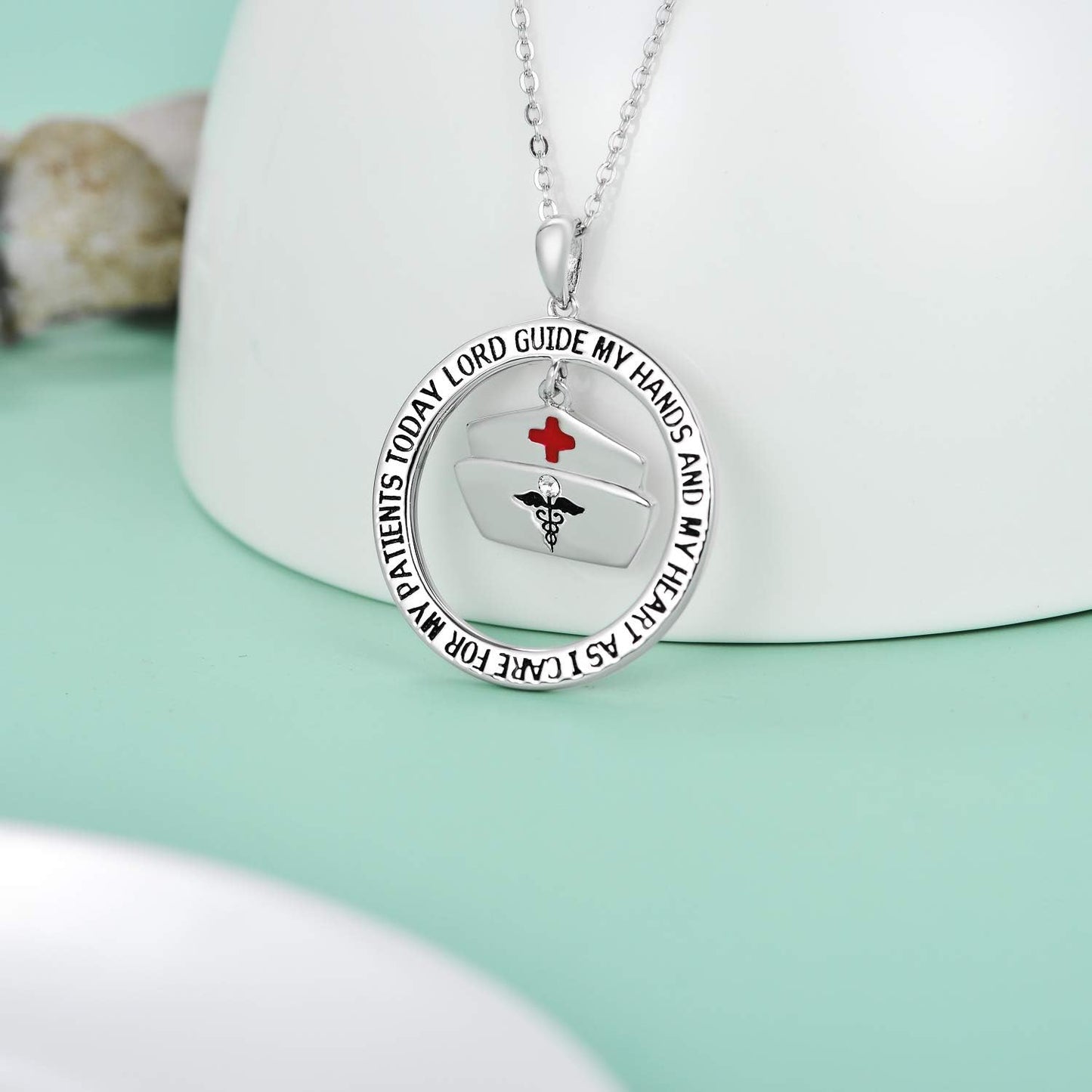 AOBOCO Nurse Gifts for Women 925 Sterling Silver Nurse's Prayer Necklace with Caduceus Angel Nurse Cap Charm, Nursing Graduation Gift for Nurses Medical Student, Crystal from Austria
