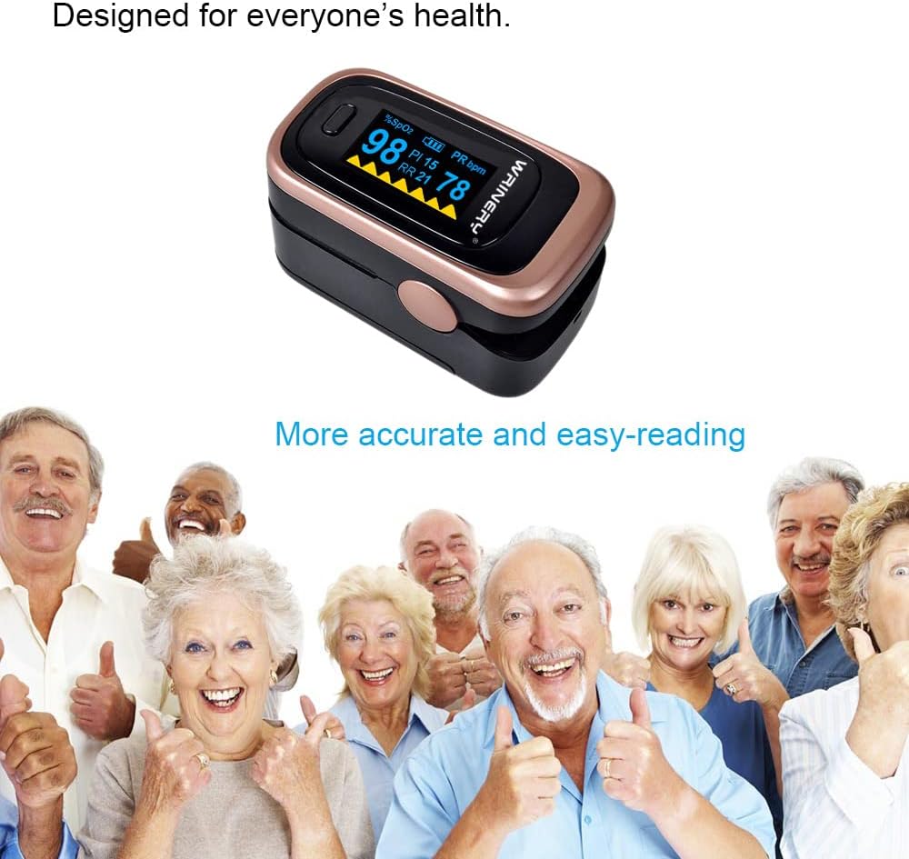 WRINERY Pulse Oximeter Fingertip, Oxygen/ O2 Saturation Monitor, OLED Portable Oximetry with Batteries, Lanyard (Rose gold-black)