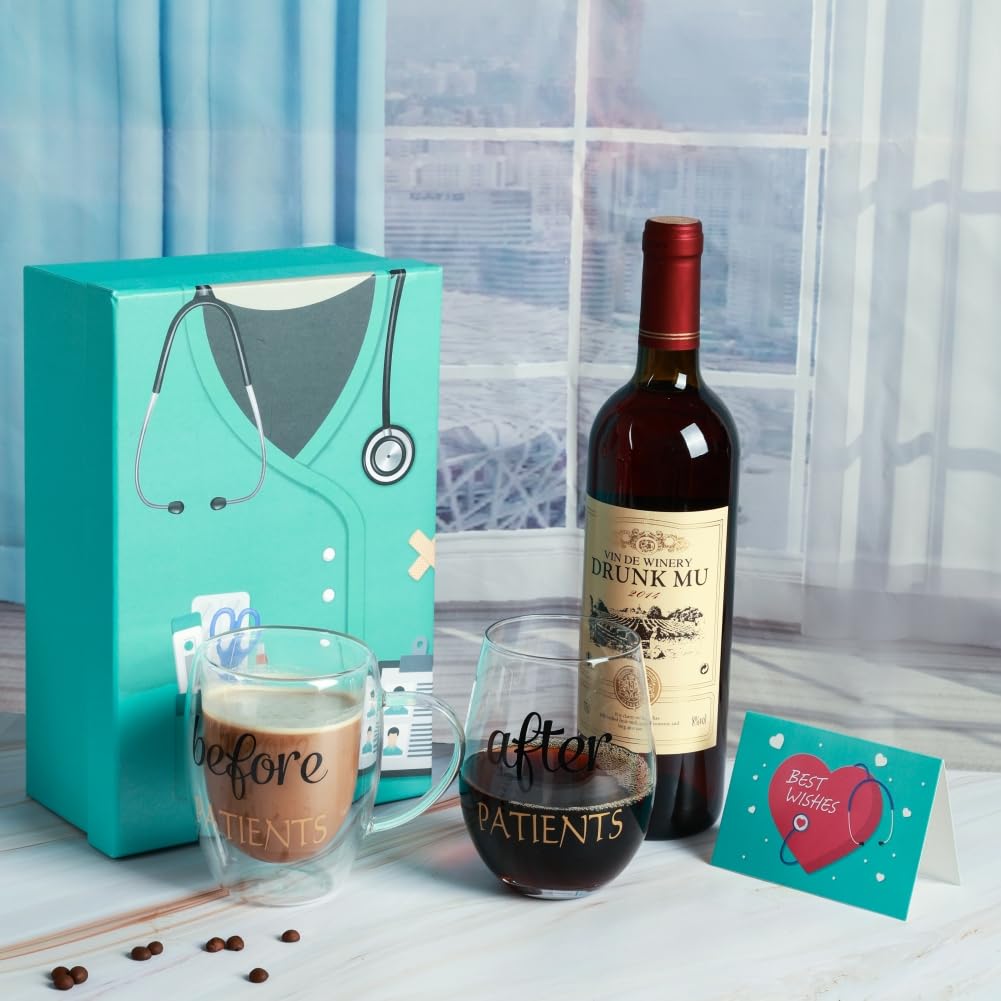 Before Patients After Patients Gift Set 11 oz Coffee Mug and 18 oz Stemless Wine Glass with Gift Package for Dentist Nurses Day Graduation Gifts (Blue)
