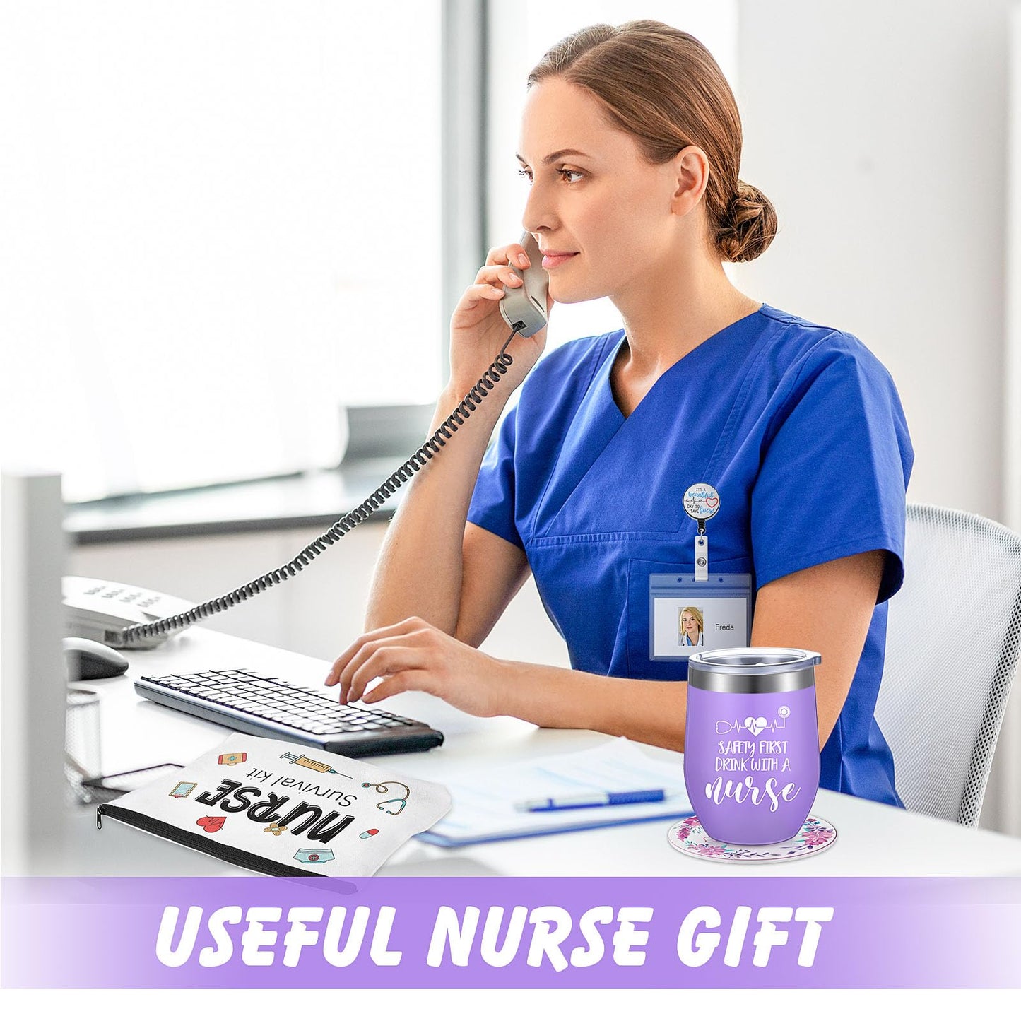 Coume Nurse Gifts Boxes Sets for Women, 9 Pieces Nurse Week Appreciation Gifts Set Nurses Customized Stainless Steel Wine Tumbler Keychain Socks Thank You Sets for LPN NICU Graduation(Purple)