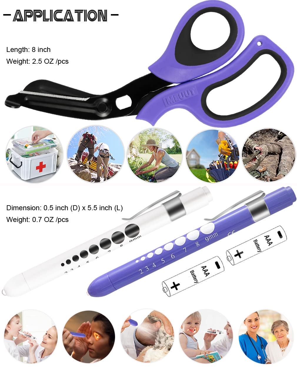 MEUUT 3 Pack Pen light & Medical Scissors-One Pantented Trauma Scissor Two LED Penlight with Pupil Gauge -8" Bandage Scissor for Nurse Doctor EMT