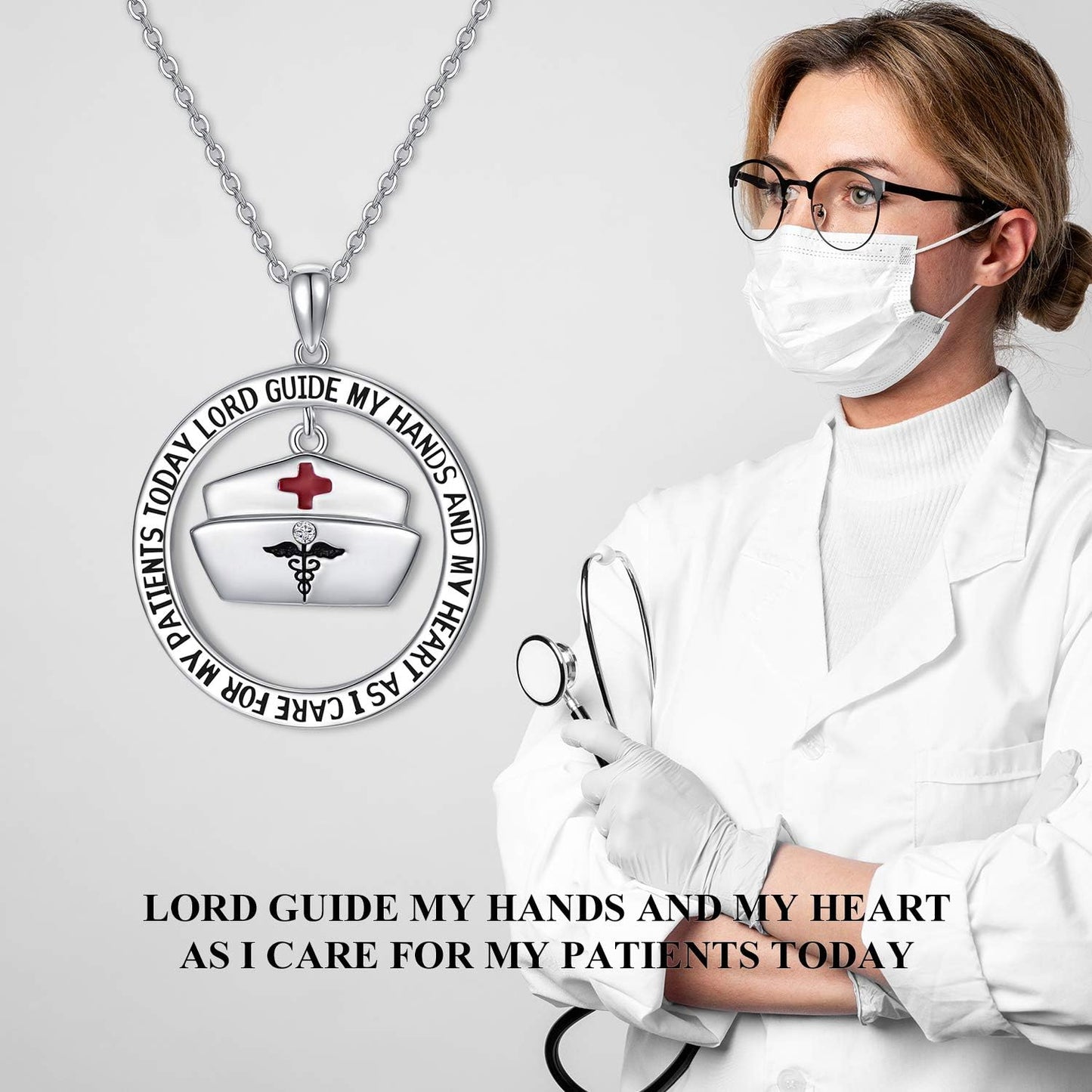 AOBOCO Nurse Gifts for Women 925 Sterling Silver Nurse's Prayer Necklace with Caduceus Angel Nurse Cap Charm, Nursing Graduation Gift for Nurses Medical Student, Crystal from Austria