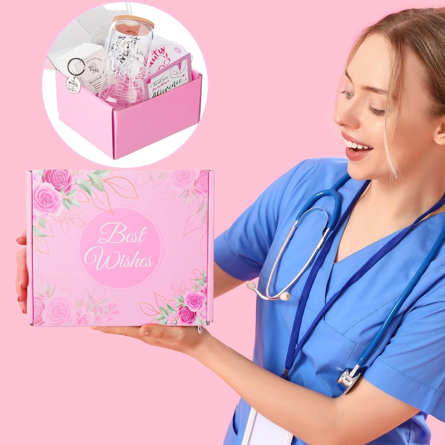 Umigy Set of 8 Nurse Gifts for Women Nurse Appreciation Gift Set Nurse Graduation Nurse Day Gift Basket Glass Cup Acrylic Keepsake Candle Socks Keychain Card Box for Nurse Practitioner