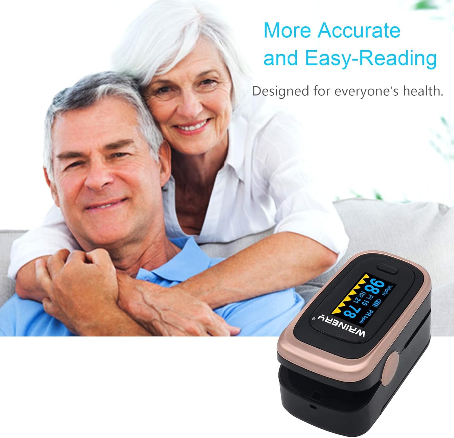 WRINERY Pulse Oximeter Fingertip, Oxygen/ O2 Saturation Monitor, OLED Portable Oximetry with Batteries, Lanyard (Rose gold-black)