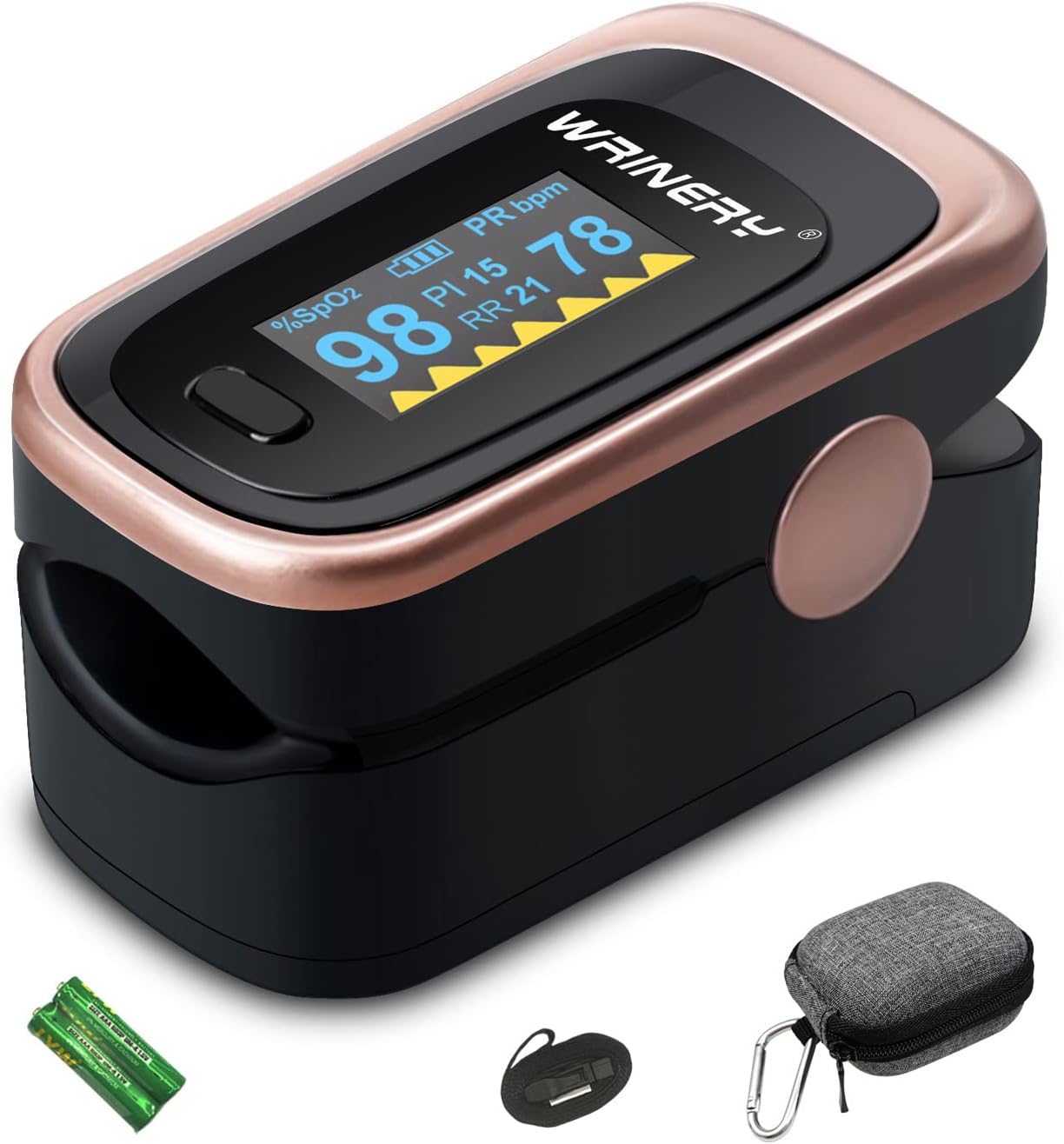WRINERY Pulse Oximeter Fingertip, Oxygen/ O2 Saturation Monitor, OLED Portable Oximetry with Batteries, Lanyard (Rose gold-black)