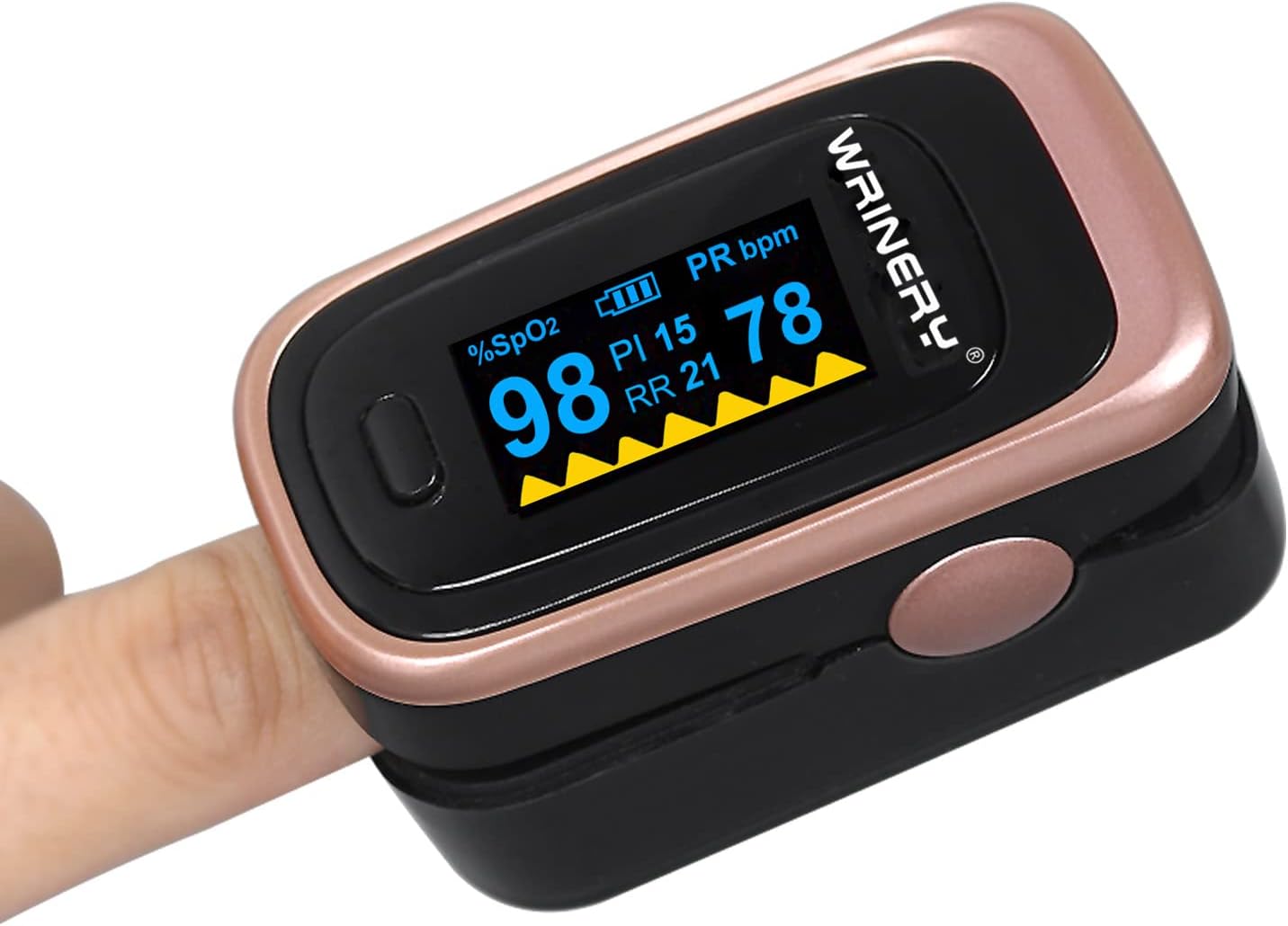 WRINERY Pulse Oximeter Fingertip, Oxygen/ O2 Saturation Monitor, OLED Portable Oximetry with Batteries, Lanyard (Rose gold-black)