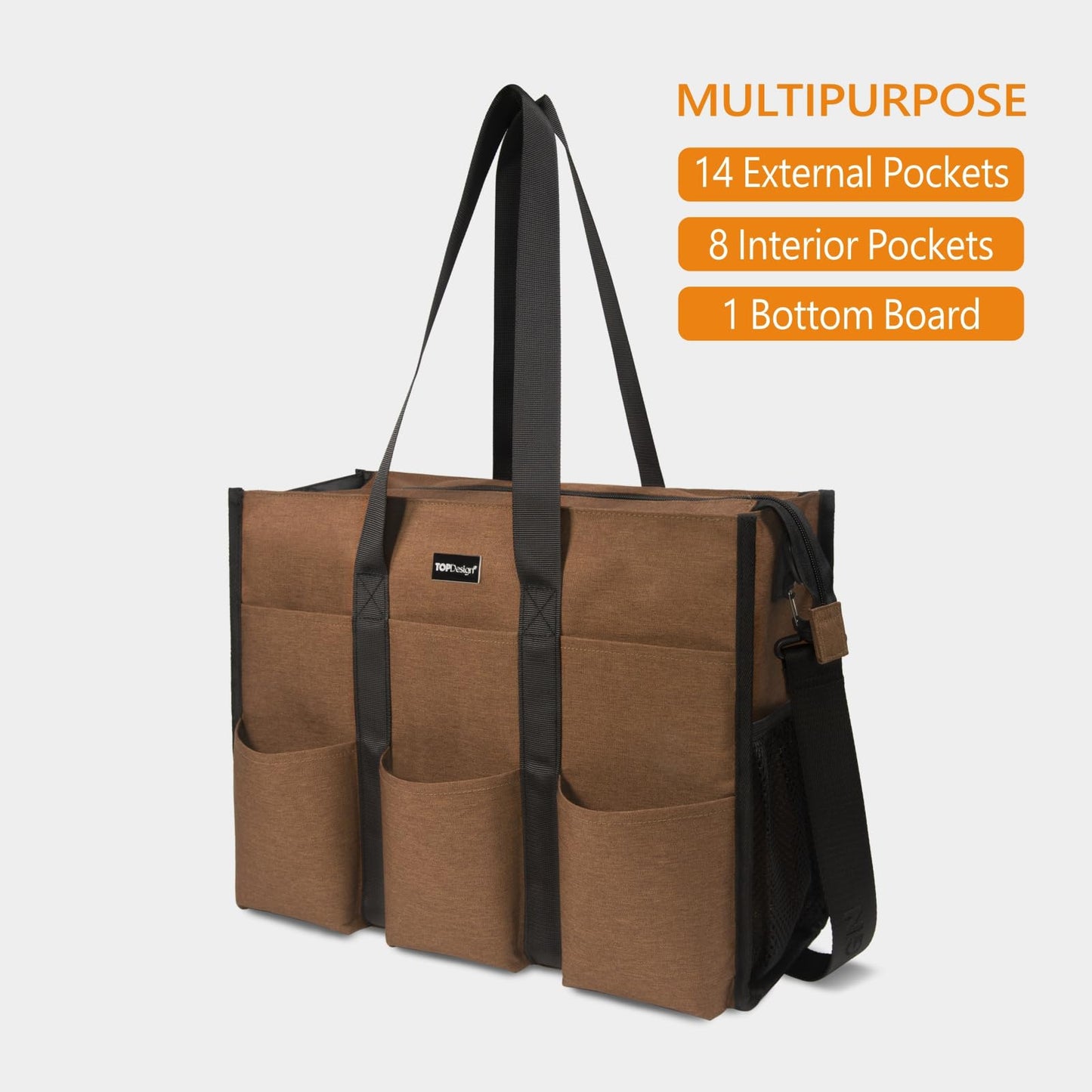 TOPDesign Utility Water Resistant Tote Bag with 22 Pockets, Top Zipper Closure & Thick Bottom Support, for Working Women