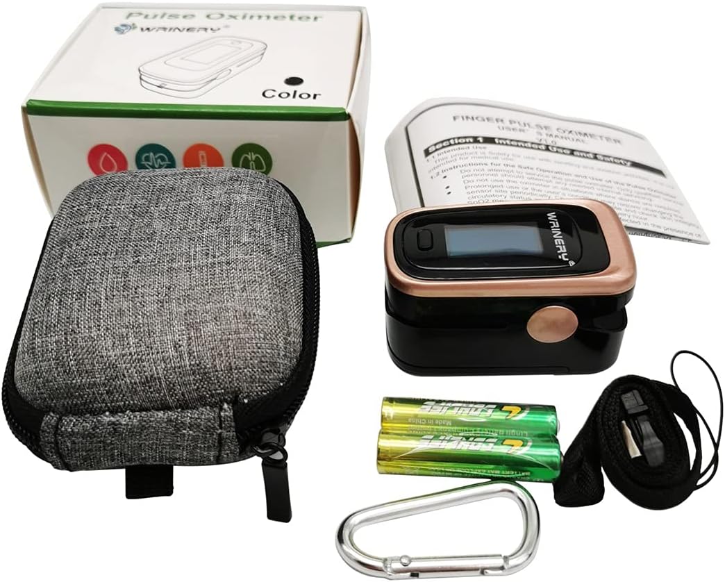 WRINERY Pulse Oximeter Fingertip, Oxygen/ O2 Saturation Monitor, OLED Portable Oximetry with Batteries, Lanyard (Rose gold-black)