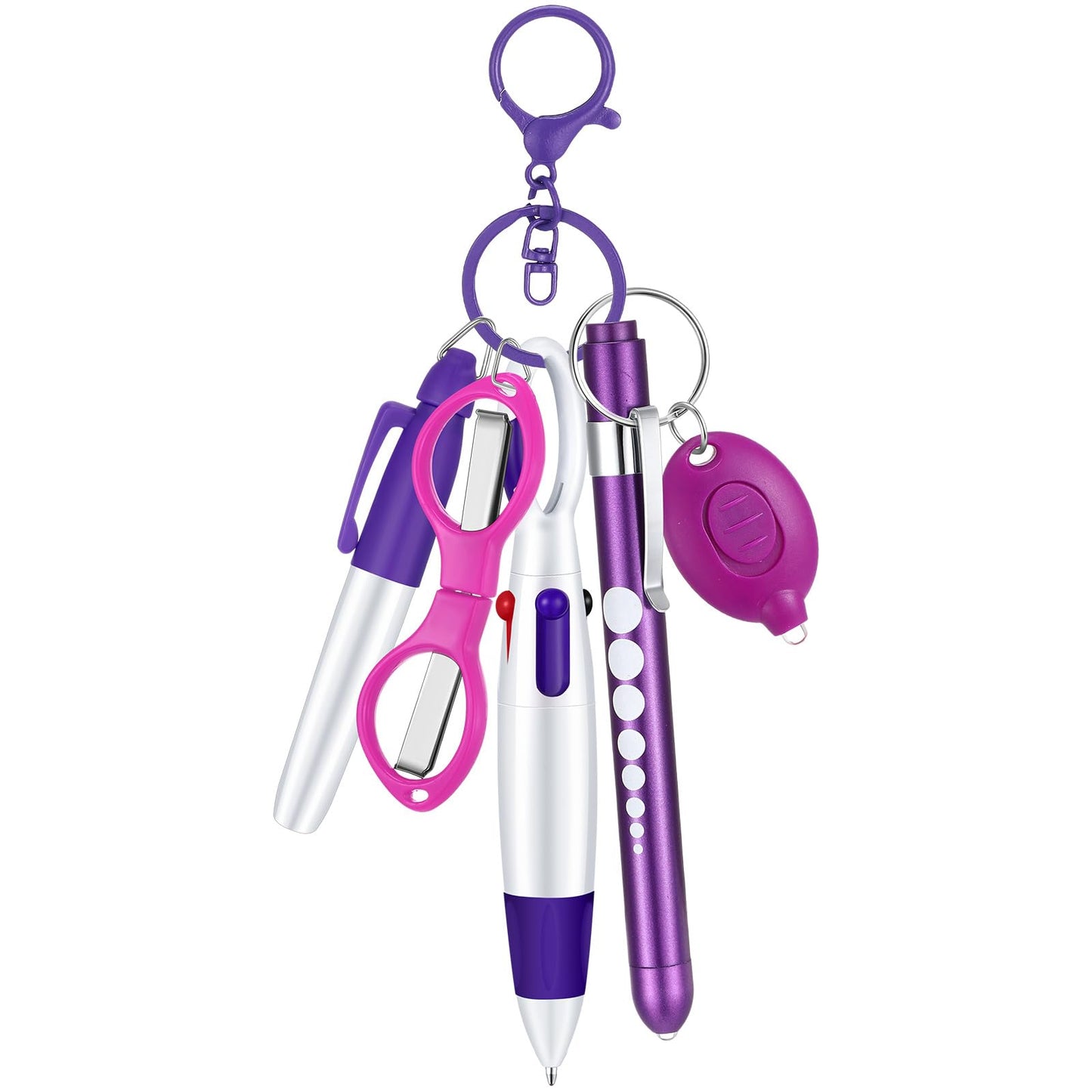 6 Pcs Nurse Pen Set Include Permanent Marker Pen Retractable Ballpoint Pen Keychain Clip Foldable Scissors Lights LED Flashlight Keychain for Nurse Accessories(Purple)