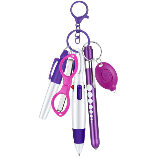 6 Pcs Nurse Pen Set Include Permanent Marker Pen Retractable Ballpoint Pen Keychain Clip Foldable Scissors Lights LED Flashlight Keychain for Nurse Accessories(Purple)