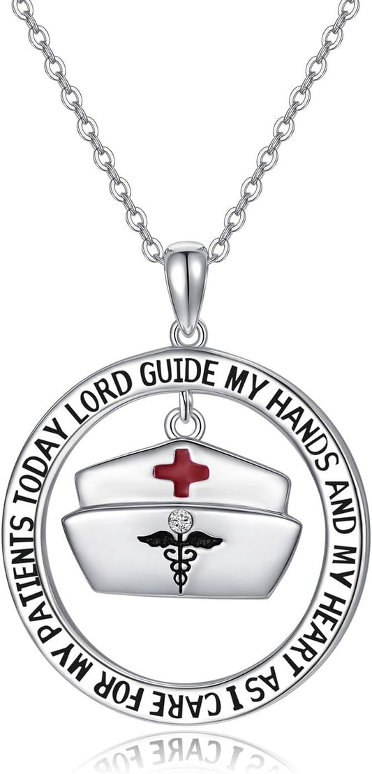 AOBOCO Nurse Gifts for Women 925 Sterling Silver Nurse's Prayer Necklace with Caduceus Angel Nurse Cap Charm, Nursing Graduation Gift for Nurses Medical Student, Crystal from Austria