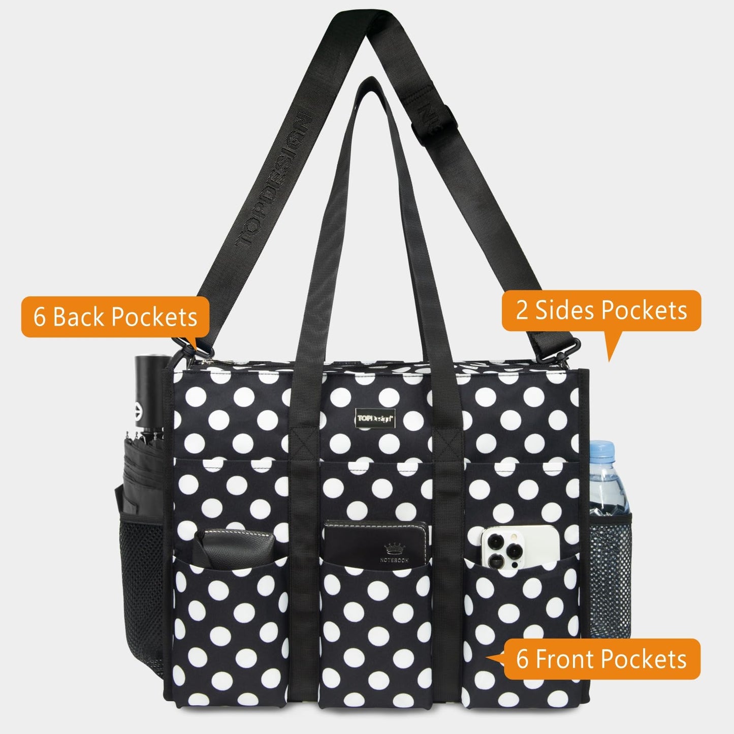 TOPDesign Utility Water Resistant Tote Bag with 22 Pockets, Top Zipper Closure & Thick Bottom Support, for Working Women