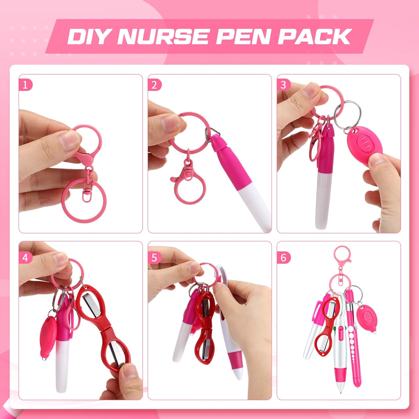 6 Pcs Nurse Pen Set Include Permanent Marker Pen Retractable Ballpoint Pen Keychain Clip Foldable Scissors Lights LED Flashlight Keychain for Nurse Accessories(Purple)