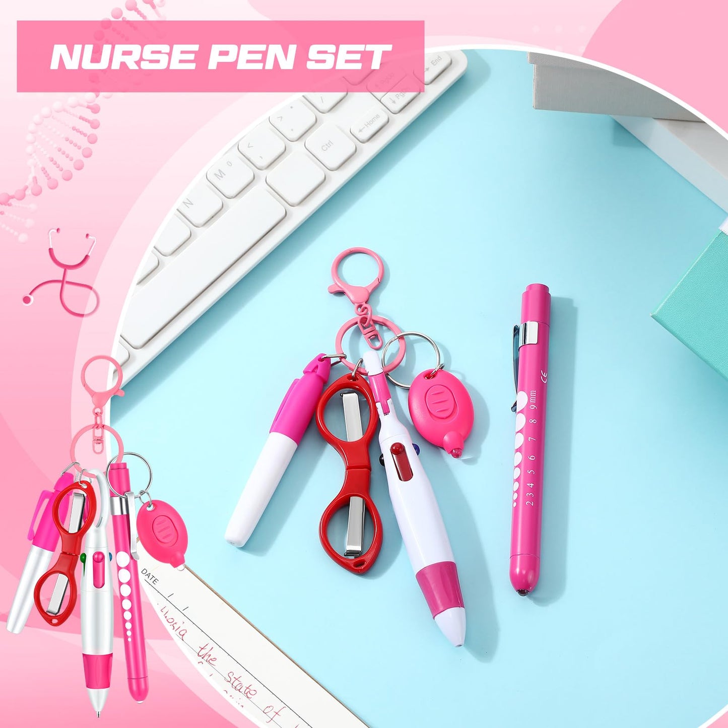 6 Pcs Nurse Pen Set Include Permanent Marker Pen Retractable Ballpoint Pen Keychain Clip Foldable Scissors Lights LED Flashlight Keychain for Nurse Accessories(Purple)