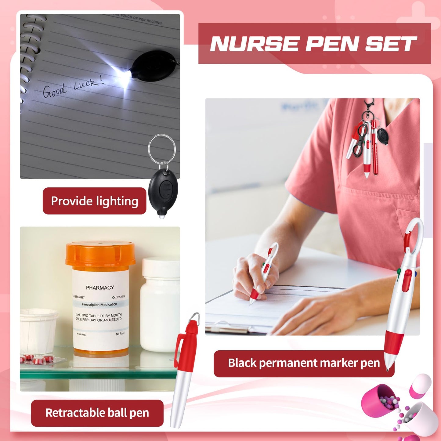 6 Pcs Nurse Pen Set Include Permanent Marker Pen Retractable Ballpoint Pen Keychain Clip Foldable Scissors Lights LED Flashlight Keychain for Nurse Accessories(Purple)