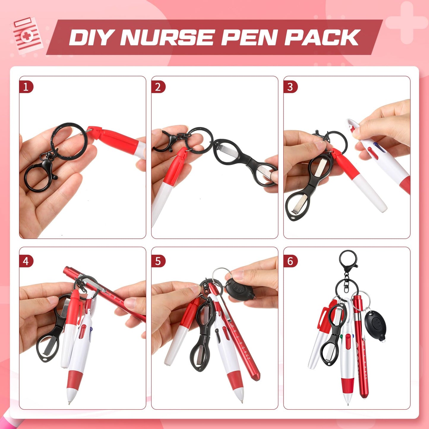 6 Pcs Nurse Pen Set Include Permanent Marker Pen Retractable Ballpoint Pen Keychain Clip Foldable Scissors Lights LED Flashlight Keychain for Nurse Accessories(Purple)