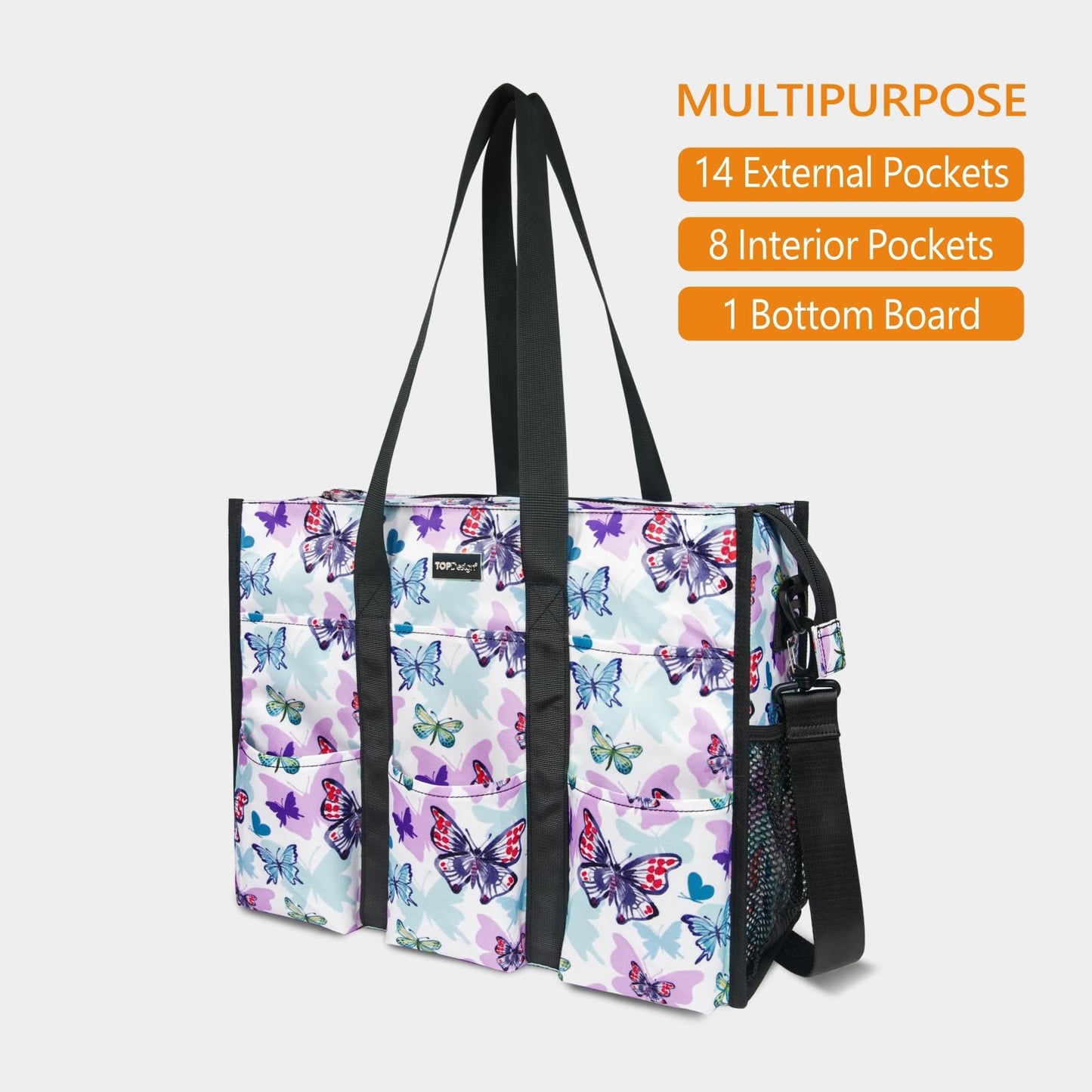 TOPDesign Utility Water Resistant Tote Bag with 22 Pockets, Top Zipper Closure & Thick Bottom Support, for Working Women