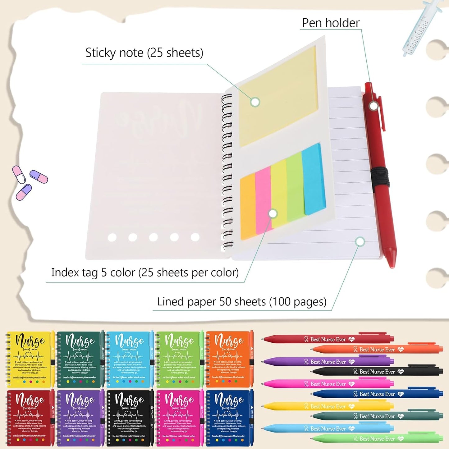 Resurhang 20 Sets Christmas Nurse Appreciation Gifts Bulk 2025 Thank You Gift Notebook with Pen in Holder and Sticky Note Notepad Marker Index Tab Inspiring Journal Ballpoint Pen for Coworker Doctor