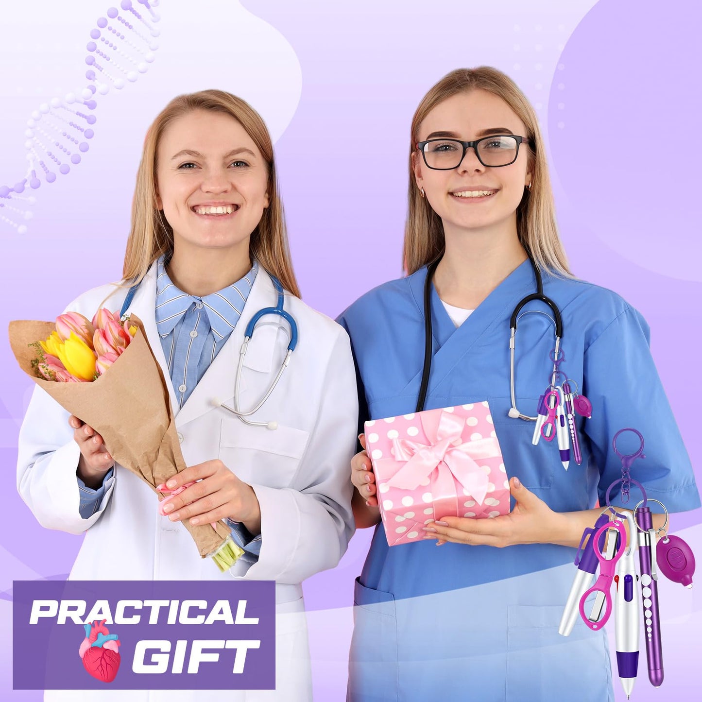 6 Pcs Nurse Pen Set Include Permanent Marker Pen Retractable Ballpoint Pen Keychain Clip Foldable Scissors Lights LED Flashlight Keychain for Nurse Accessories(Purple)