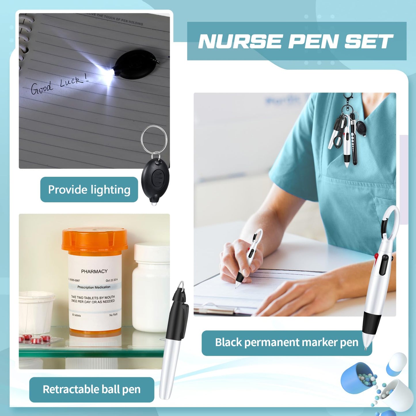 6 Pcs Nurse Pen Set Include Permanent Marker Pen Retractable Ballpoint Pen Keychain Clip Foldable Scissors Lights LED Flashlight Keychain for Nurse Accessories(Purple)