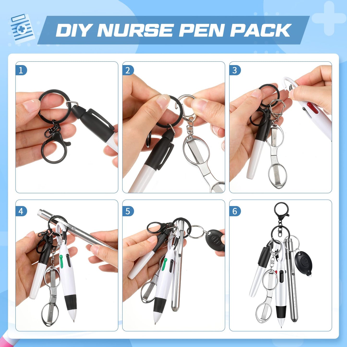 6 Pcs Nurse Pen Set Include Permanent Marker Pen Retractable Ballpoint Pen Keychain Clip Foldable Scissors Lights LED Flashlight Keychain for Nurse Accessories(Purple)