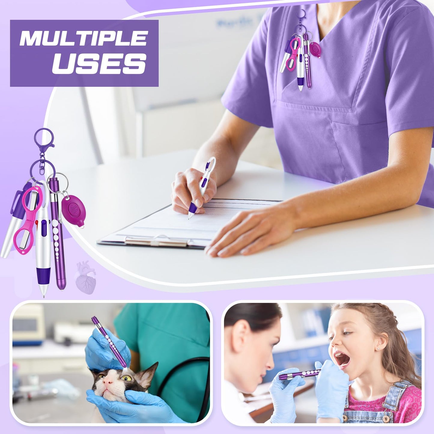 6 Pcs Nurse Pen Set Include Permanent Marker Pen Retractable Ballpoint Pen Keychain Clip Foldable Scissors Lights LED Flashlight Keychain for Nurse Accessories(Purple)