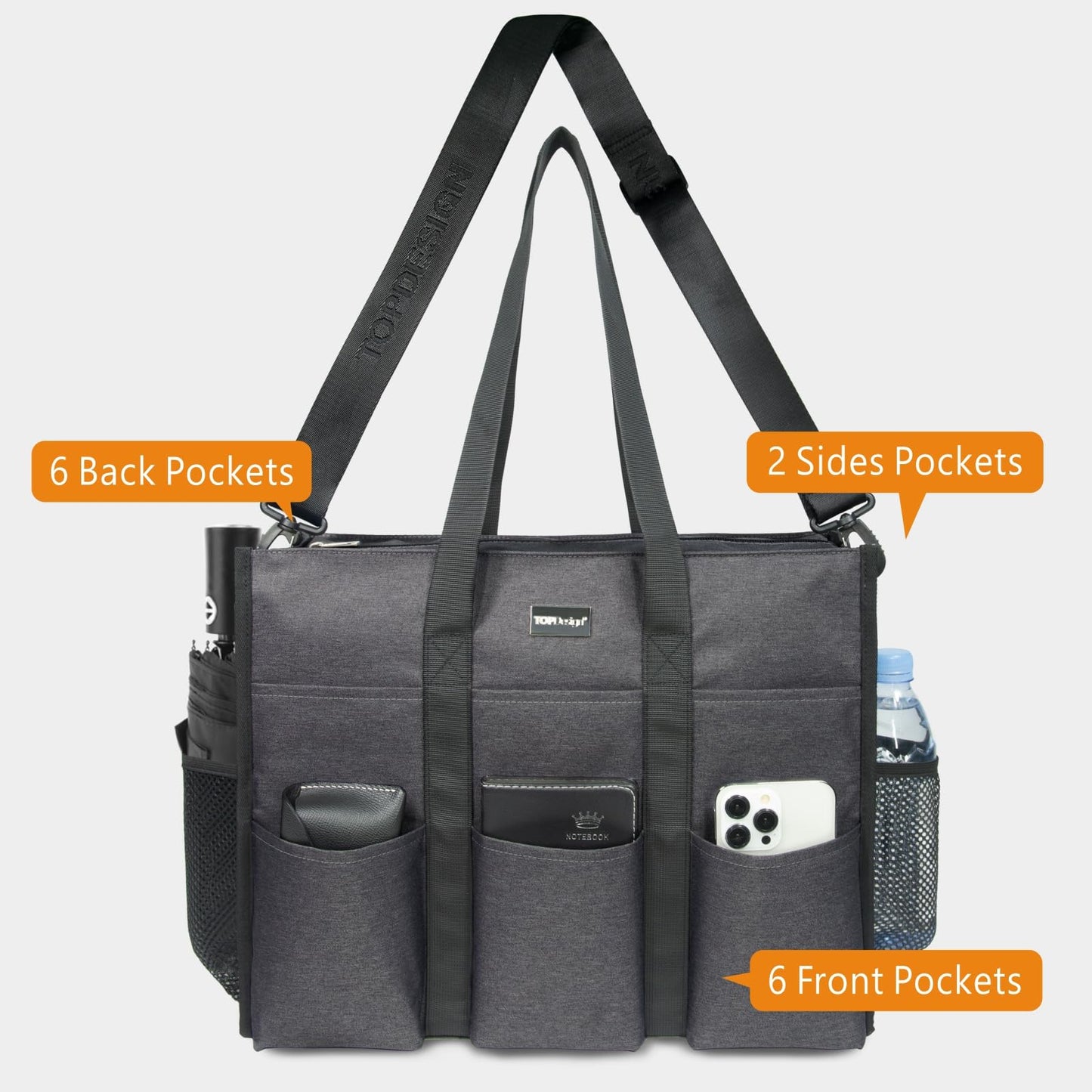 TOPDesign Utility Water Resistant Tote Bag with 22 Pockets, Top Zipper Closure & Thick Bottom Support, for Working Women