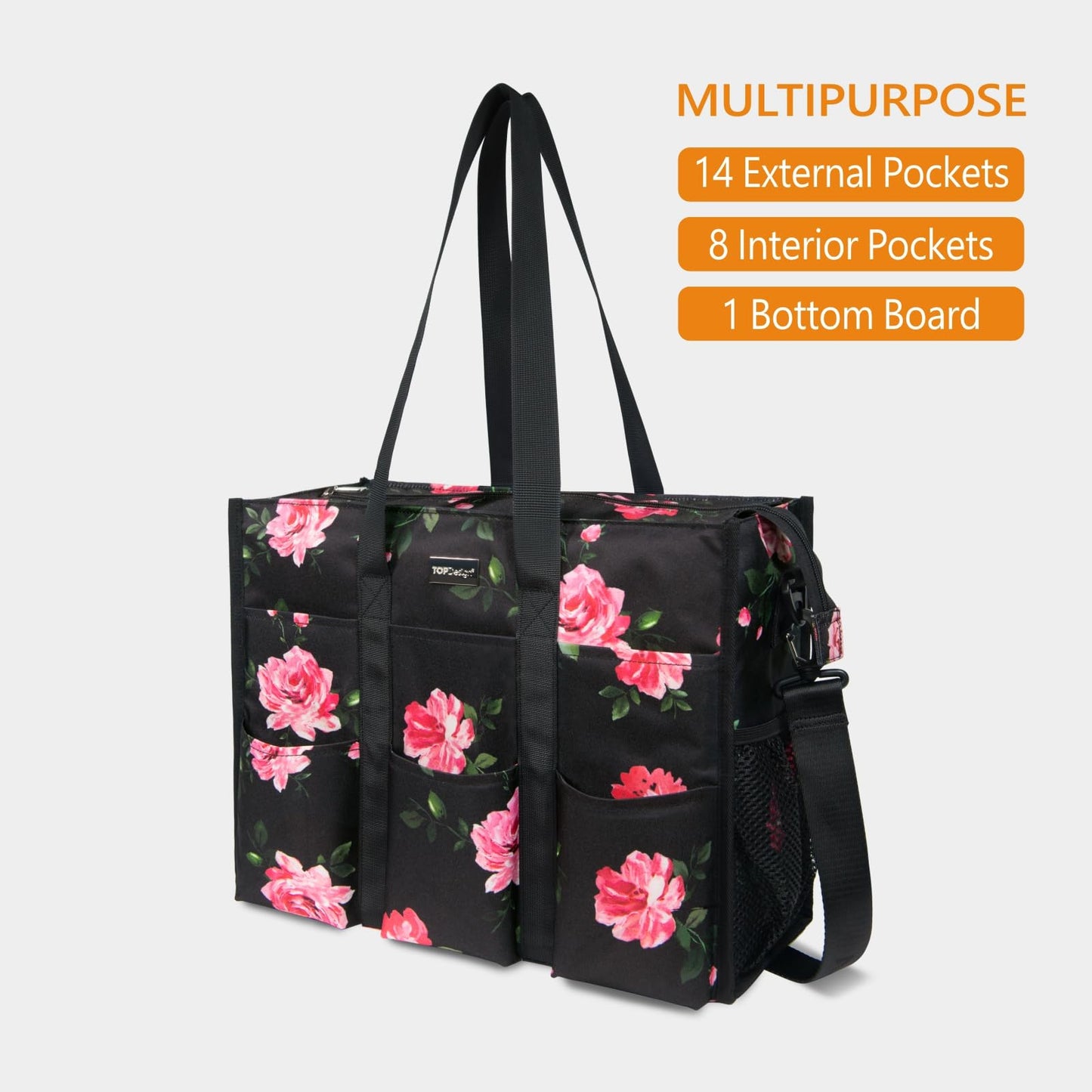 TOPDesign Utility Water Resistant Tote Bag with 22 Pockets, Top Zipper Closure & Thick Bottom Support, for Working Women