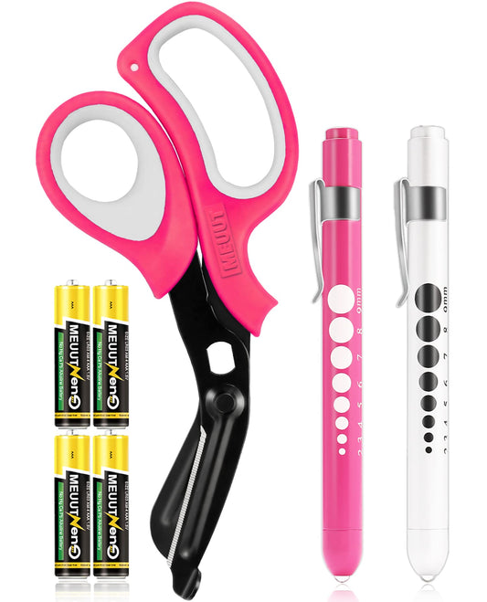MEUUT 3 Pack Pen light & Medical Scissors-One Pantented Trauma Scissor Two LED Penlight with Pupil Gauge -8" Bandage Scissor for Nurse Doctor EMT