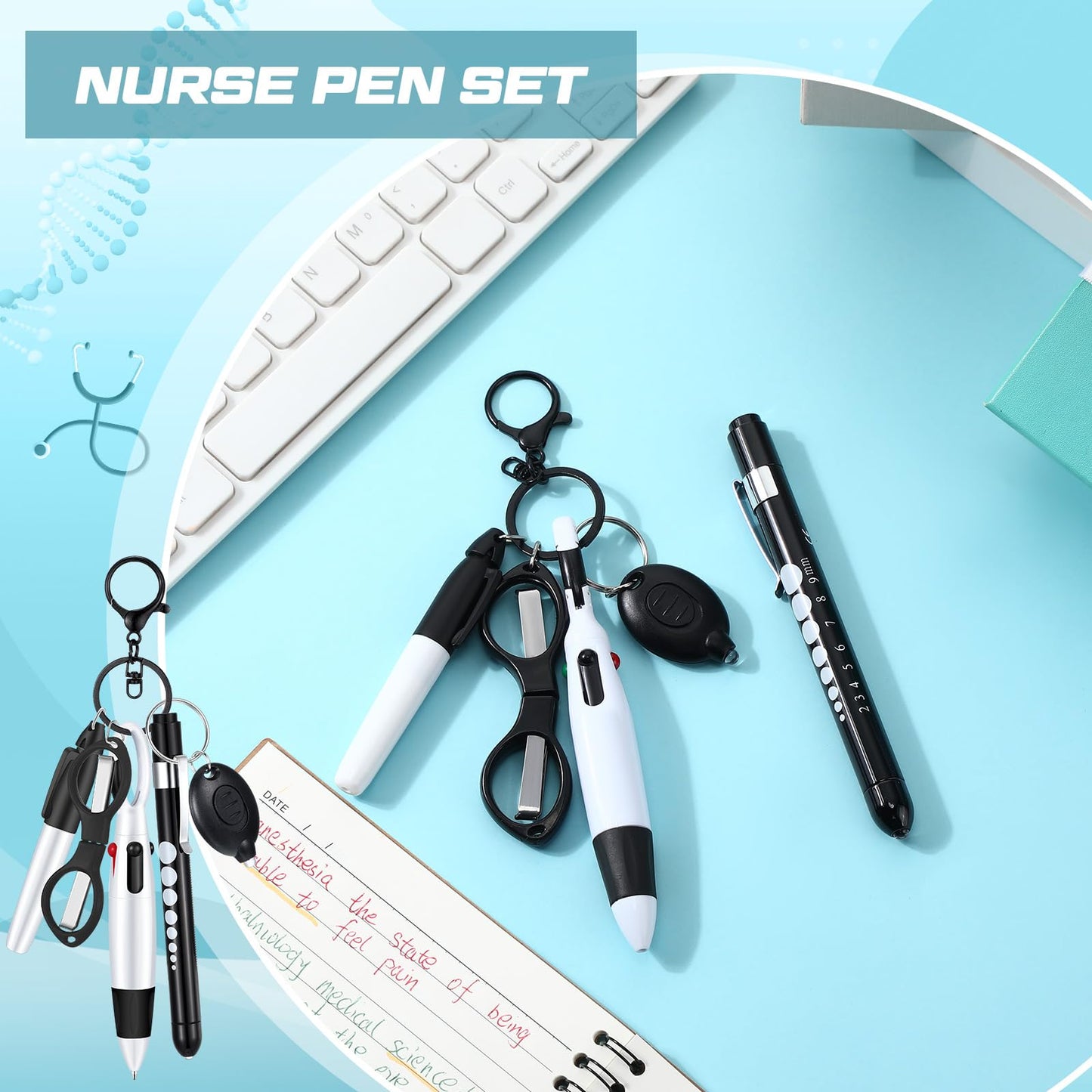 6 Pcs Nurse Pen Set Include Permanent Marker Pen Retractable Ballpoint Pen Keychain Clip Foldable Scissors Lights LED Flashlight Keychain for Nurse Accessories(Purple)