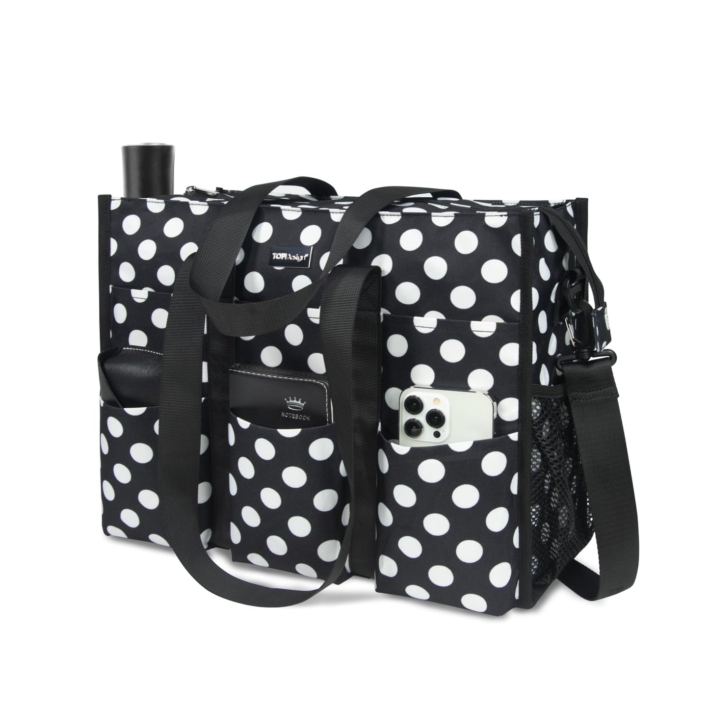TOPDesign Utility Water Resistant Tote Bag with 22 Pockets, Top Zipper Closure & Thick Bottom Support, for Working Women
