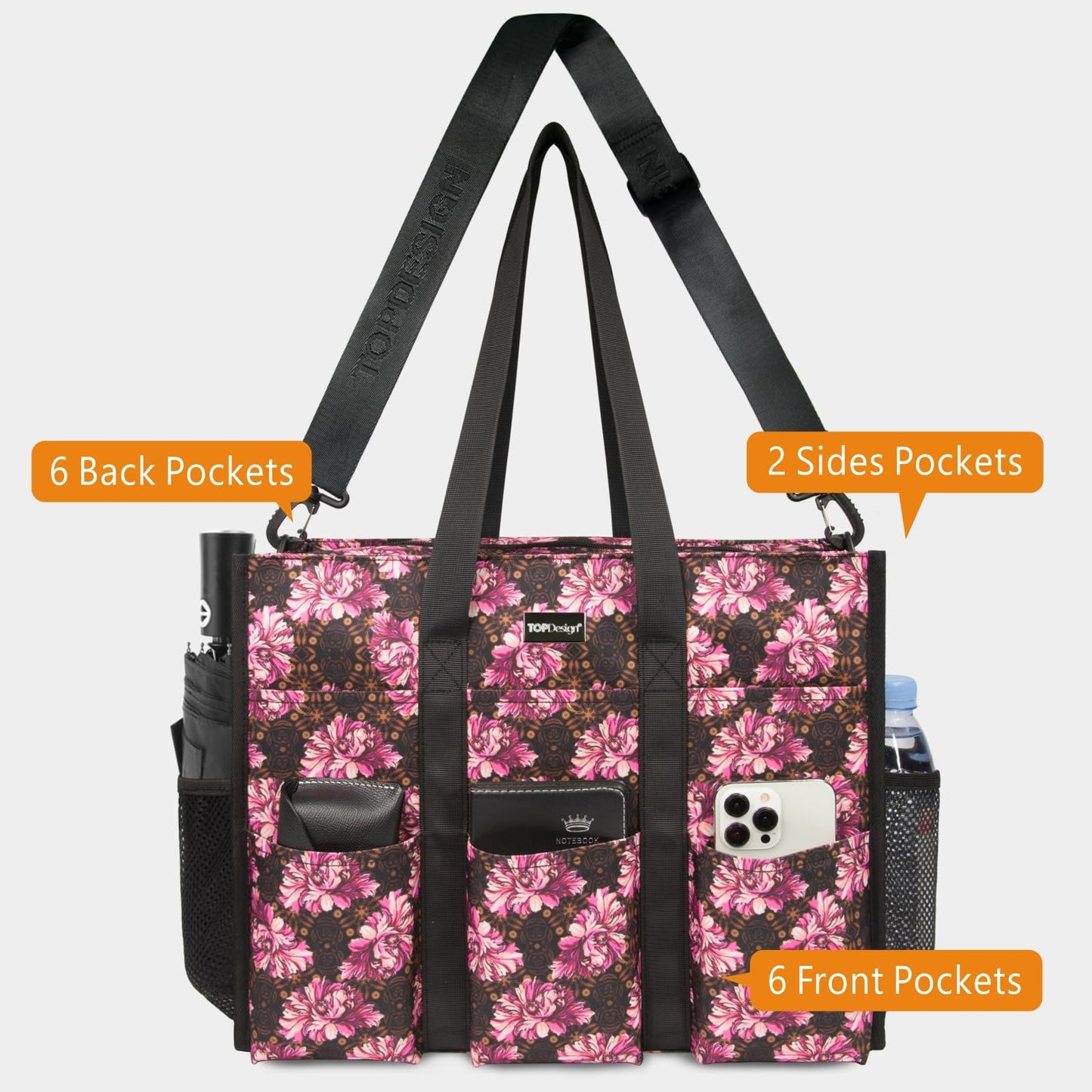 TOPDesign Utility Water Resistant Tote Bag with 22 Pockets, Top Zipper Closure & Thick Bottom Support, for Working Women