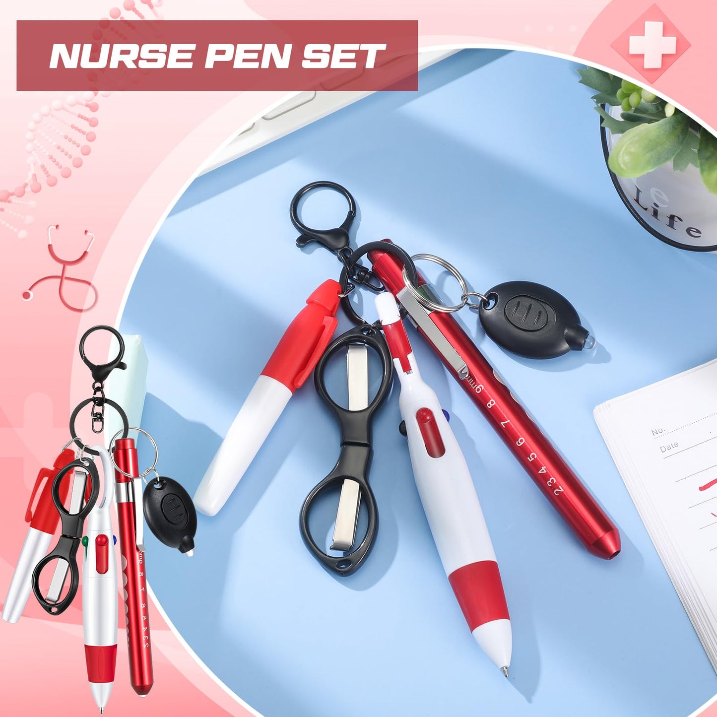 6 Pcs Nurse Pen Set Include Permanent Marker Pen Retractable Ballpoint Pen Keychain Clip Foldable Scissors Lights LED Flashlight Keychain for Nurse Accessories(Purple)