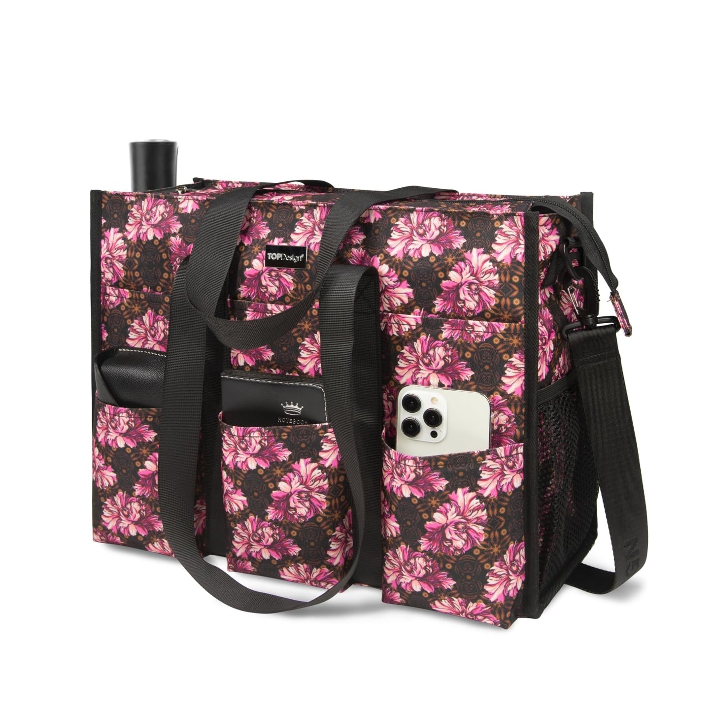 TOPDesign Utility Water Resistant Tote Bag with 22 Pockets, Top Zipper Closure & Thick Bottom Support, for Working Women