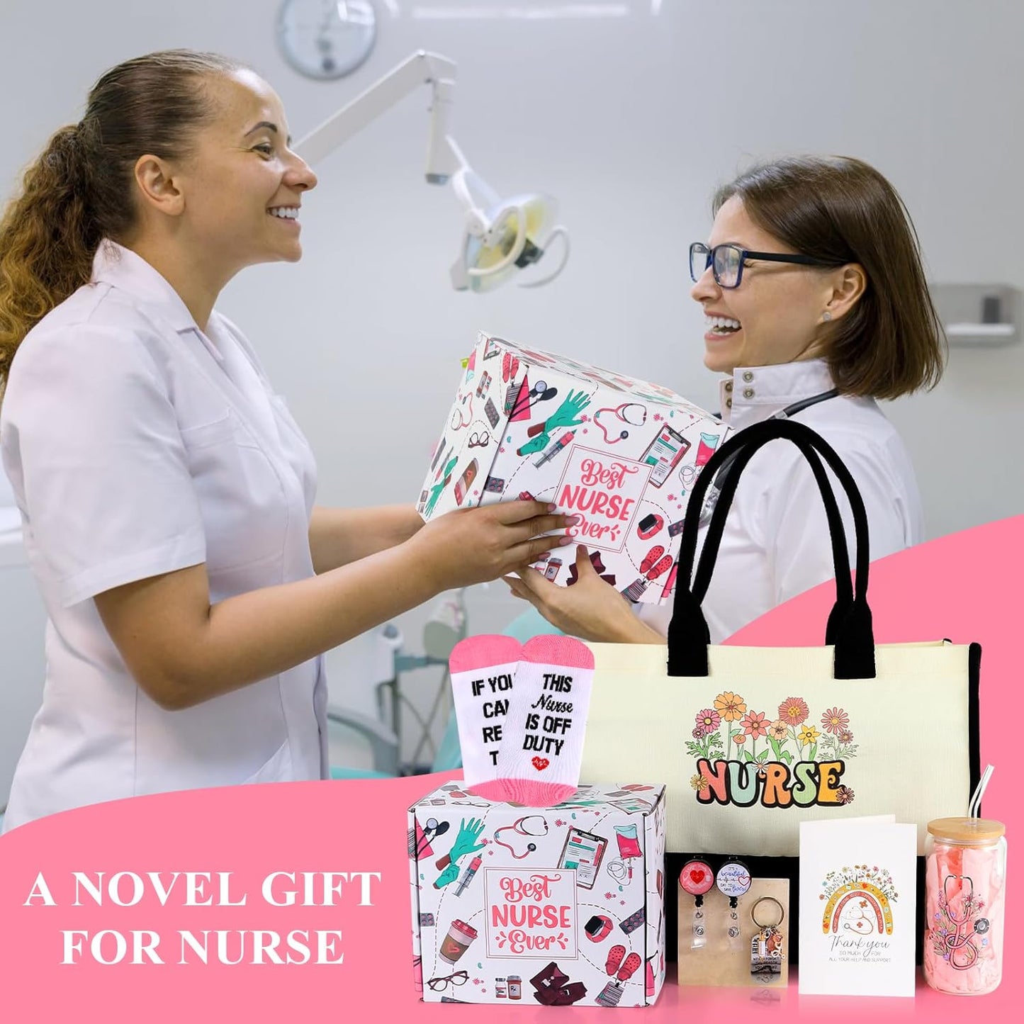 Nurse Appreciation Gifts: Canvas Beach Bag, Glass Cup, Socks, Keychain, Badge Reel Holder