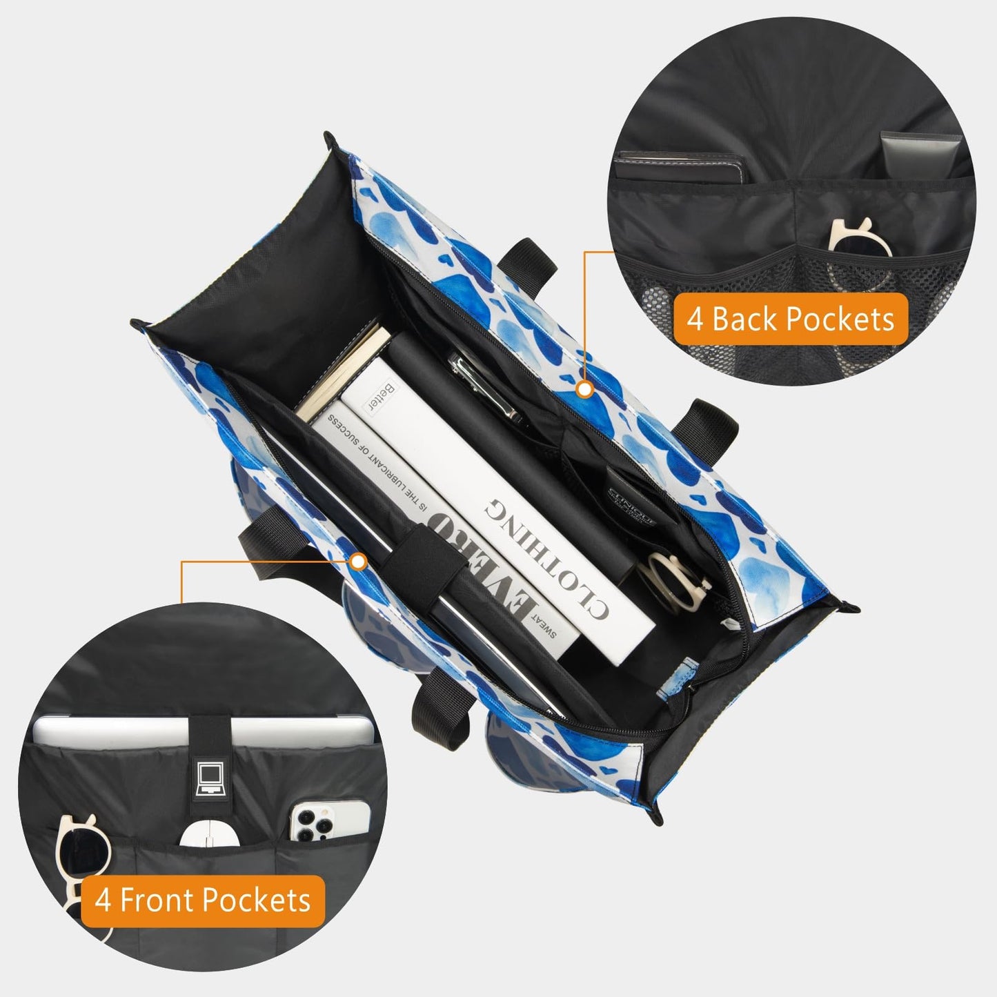 TOPDesign Utility Water Resistant Tote Bag with 22 Pockets, Top Zipper Closure & Thick Bottom Support, for Working Women