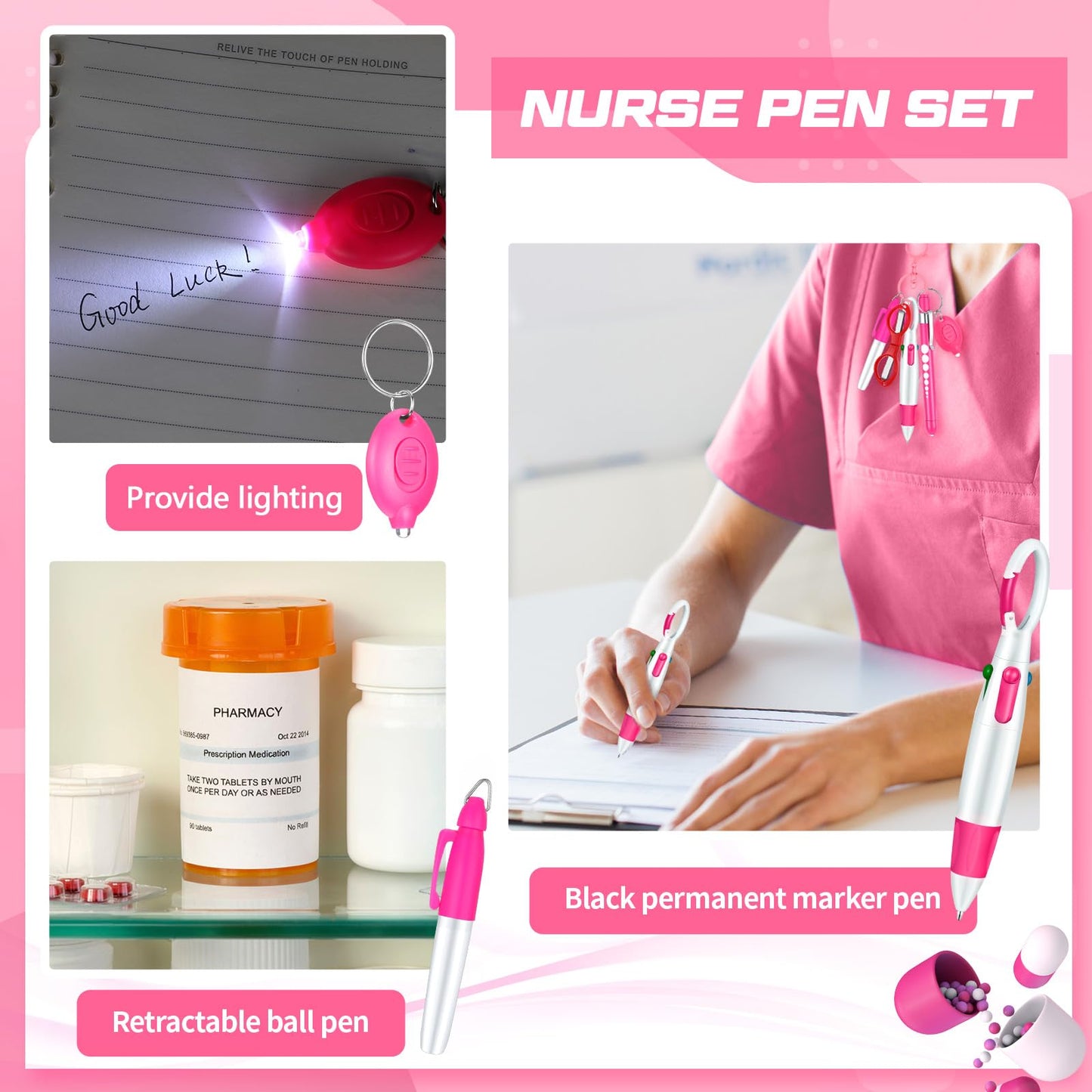 6 Pcs Nurse Pen Set Include Permanent Marker Pen Retractable Ballpoint Pen Keychain Clip Foldable Scissors Lights LED Flashlight Keychain for Nurse Accessories(Purple)