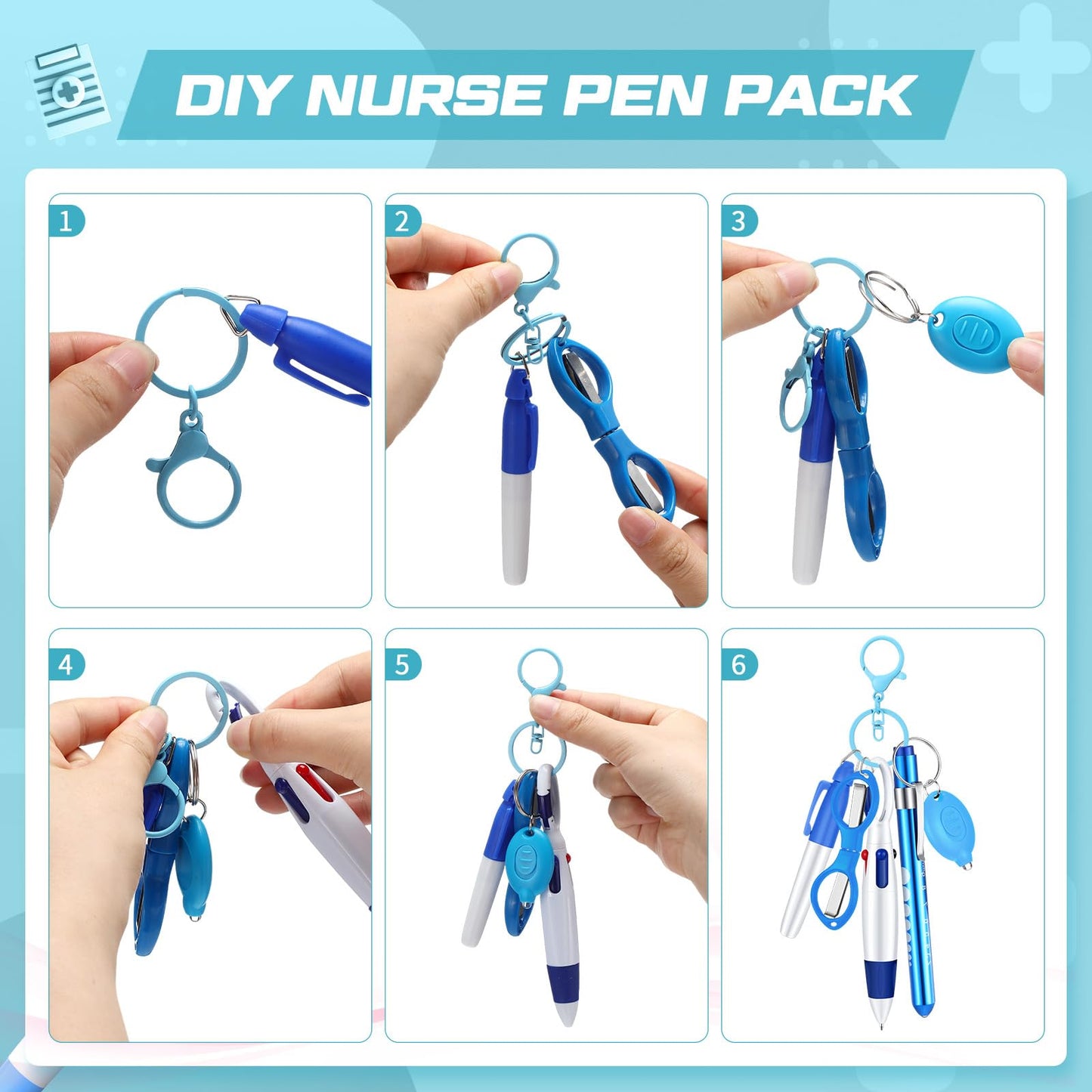 6 Pcs Nurse Pen Set Include Permanent Marker Pen Retractable Ballpoint Pen Keychain Clip Foldable Scissors Lights LED Flashlight Keychain for Nurse Accessories(Purple)