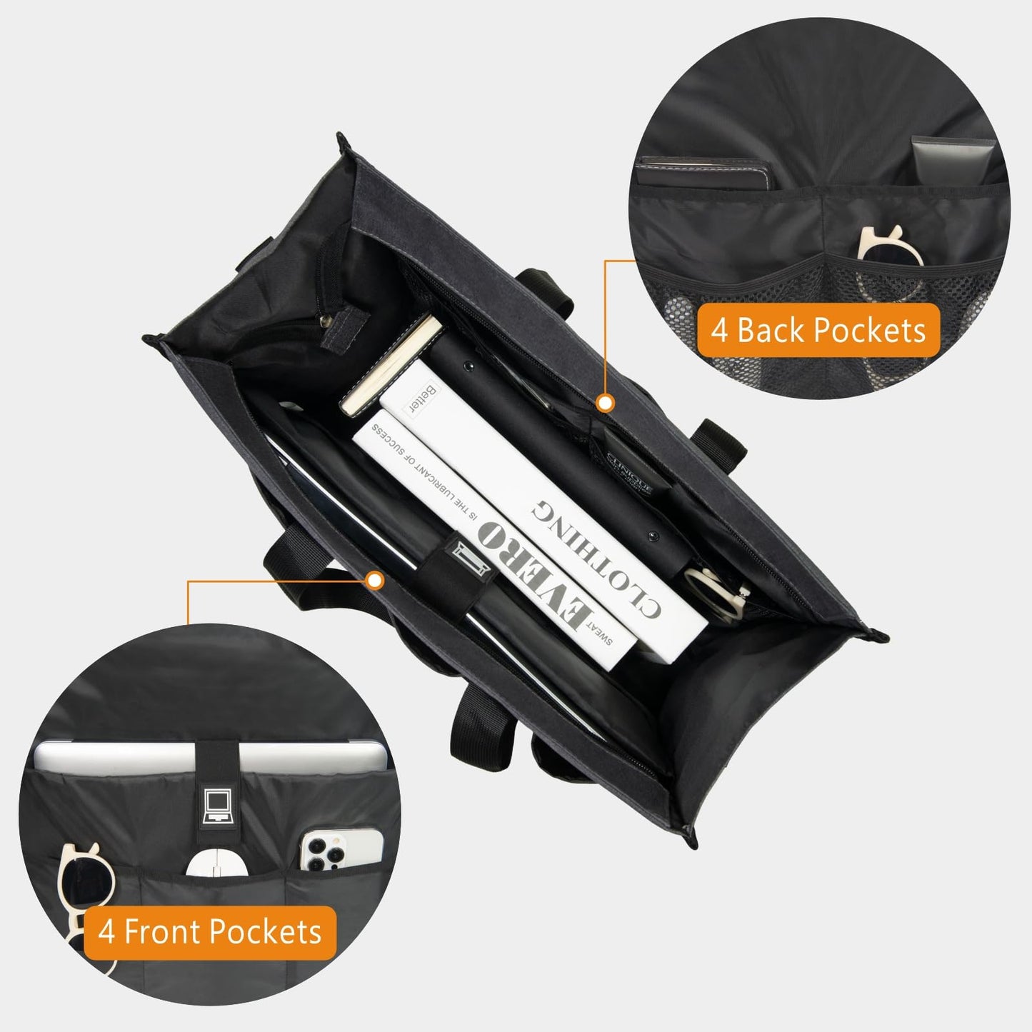 TOPDesign Utility Water Resistant Tote Bag with 22 Pockets, Top Zipper Closure & Thick Bottom Support, for Working Women