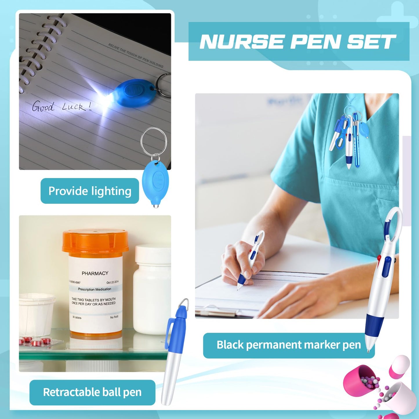 6 Pcs Nurse Pen Set Include Permanent Marker Pen Retractable Ballpoint Pen Keychain Clip Foldable Scissors Lights LED Flashlight Keychain for Nurse Accessories(Purple)