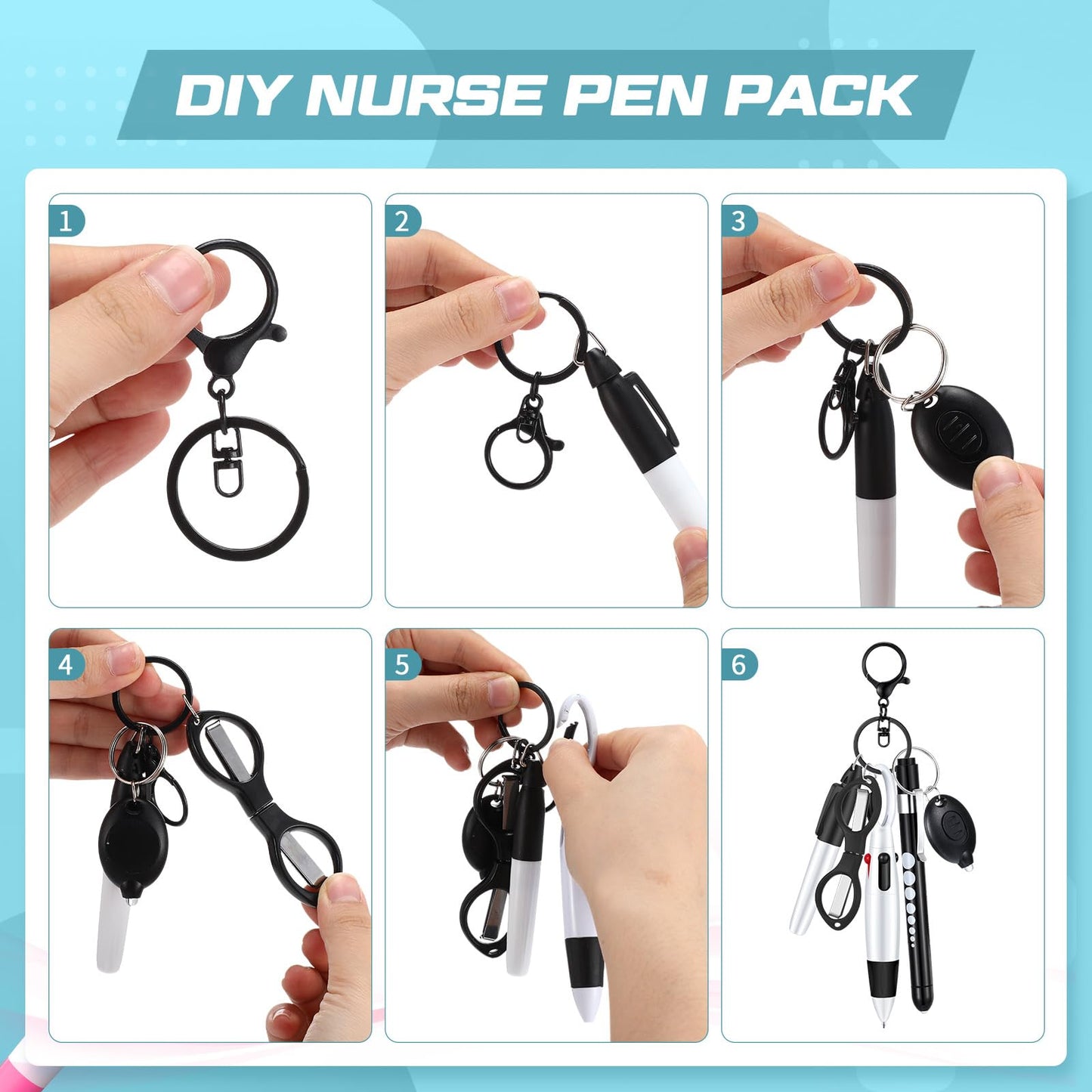 6 Pcs Nurse Pen Set Include Permanent Marker Pen Retractable Ballpoint Pen Keychain Clip Foldable Scissors Lights LED Flashlight Keychain for Nurse Accessories(Purple)