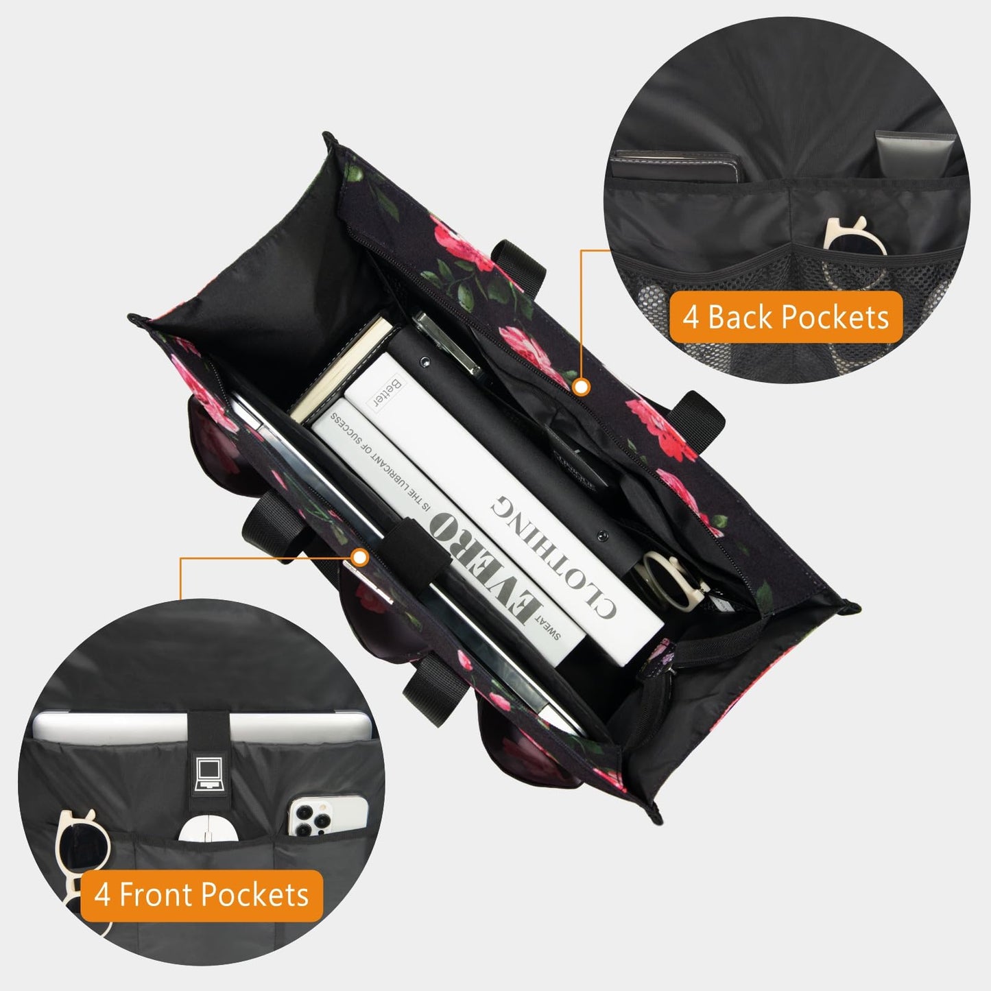 TOPDesign Utility Water Resistant Tote Bag with 22 Pockets, Top Zipper Closure & Thick Bottom Support, for Working Women