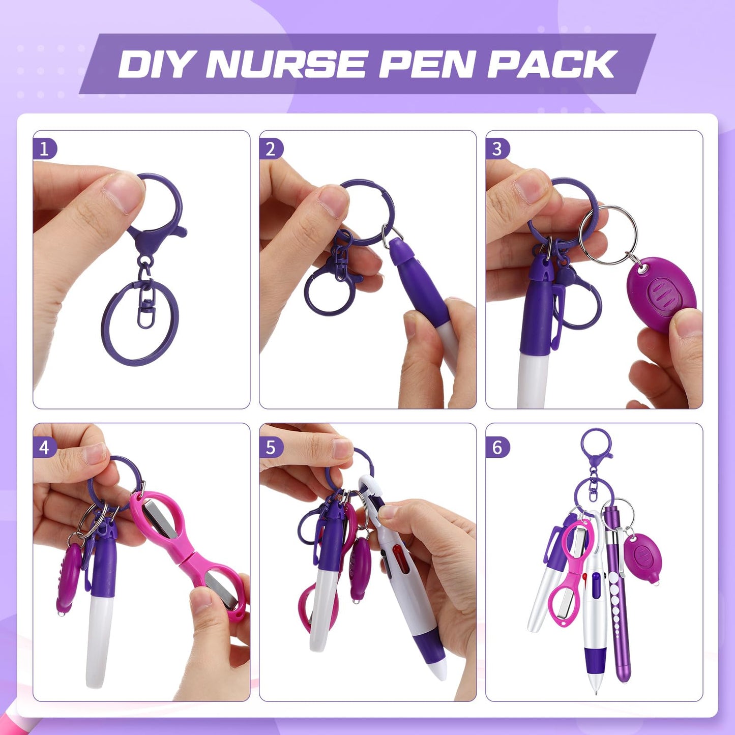 6 Pcs Nurse Pen Set Include Permanent Marker Pen Retractable Ballpoint Pen Keychain Clip Foldable Scissors Lights LED Flashlight Keychain for Nurse Accessories(Purple)
