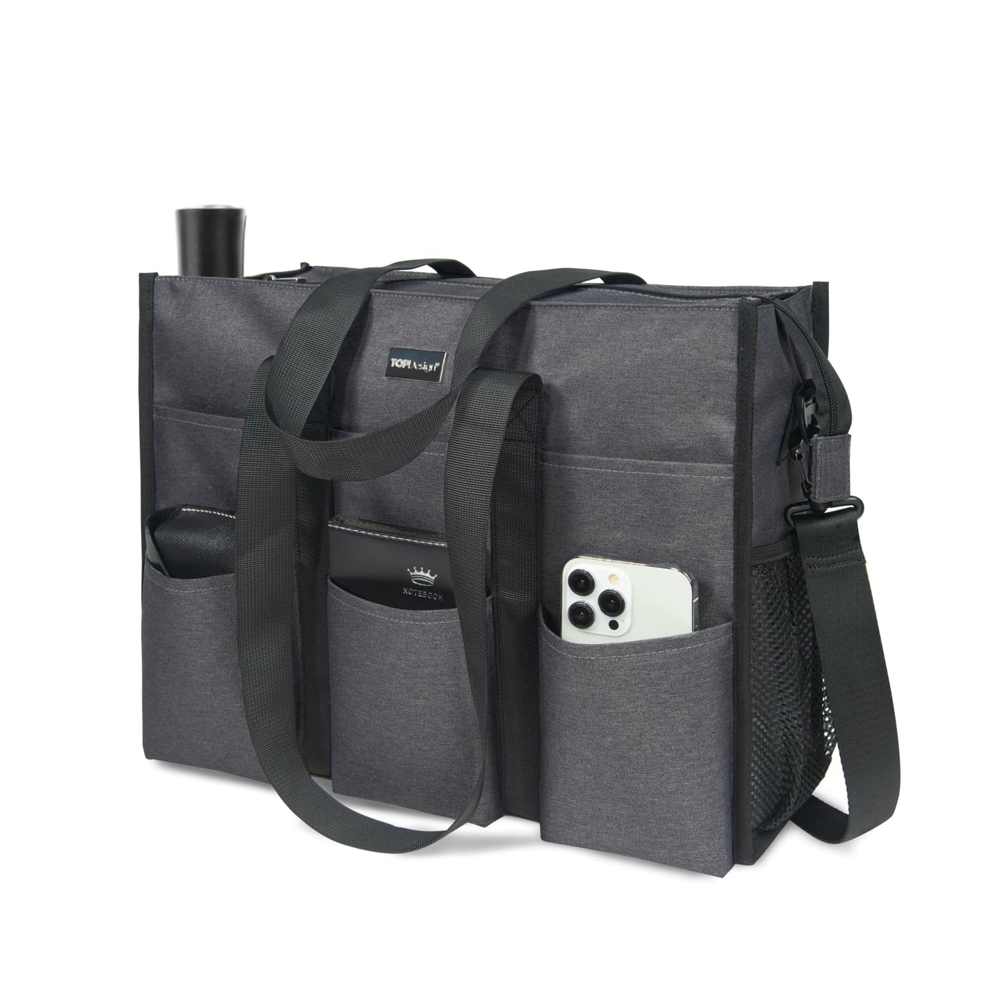 TOPDesign Utility Water Resistant Tote Bag with 22 Pockets, Top Zipper Closure & Thick Bottom Support, for Working Women