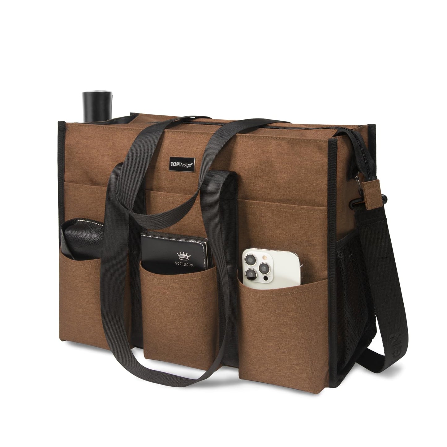 TOPDesign Utility Water Resistant Tote Bag with 22 Pockets, Top Zipper Closure & Thick Bottom Support, for Working Women