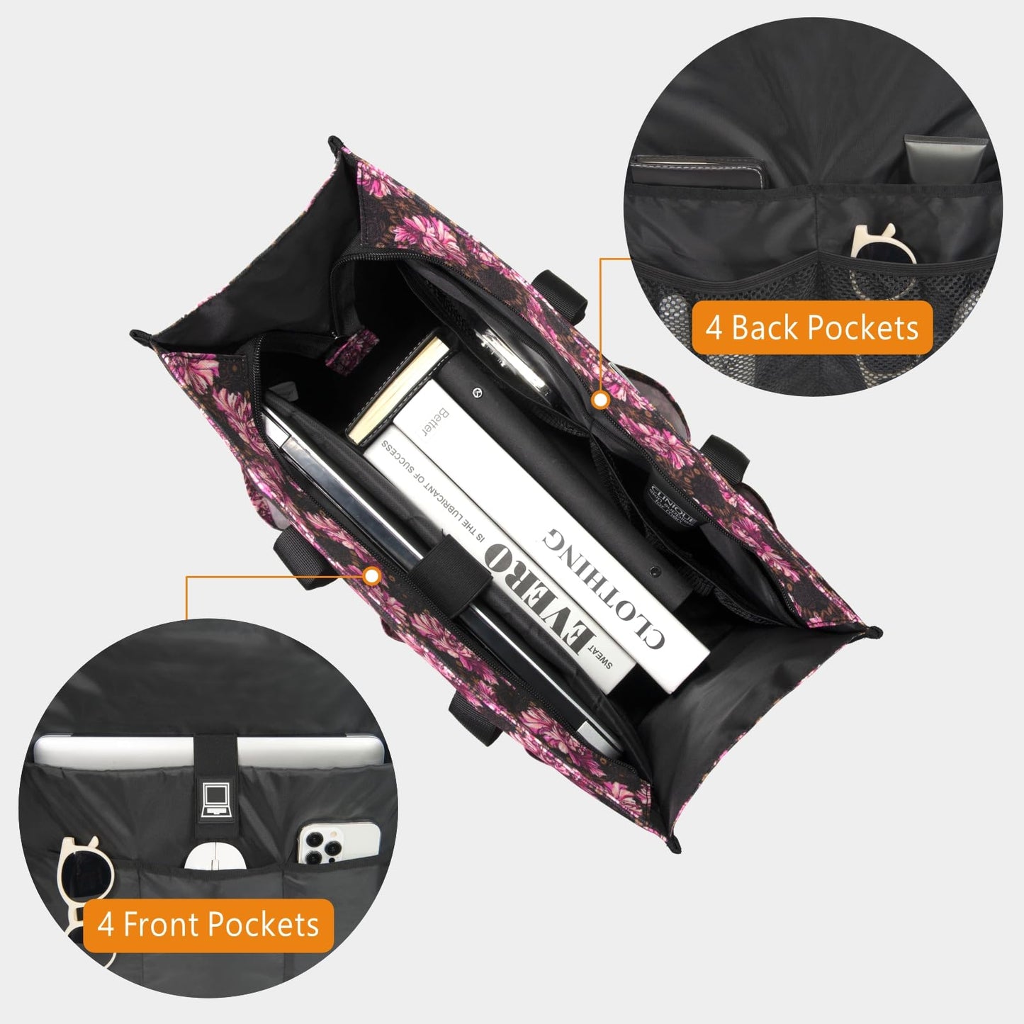 TOPDesign Utility Water Resistant Tote Bag with 22 Pockets, Top Zipper Closure & Thick Bottom Support, for Working Women