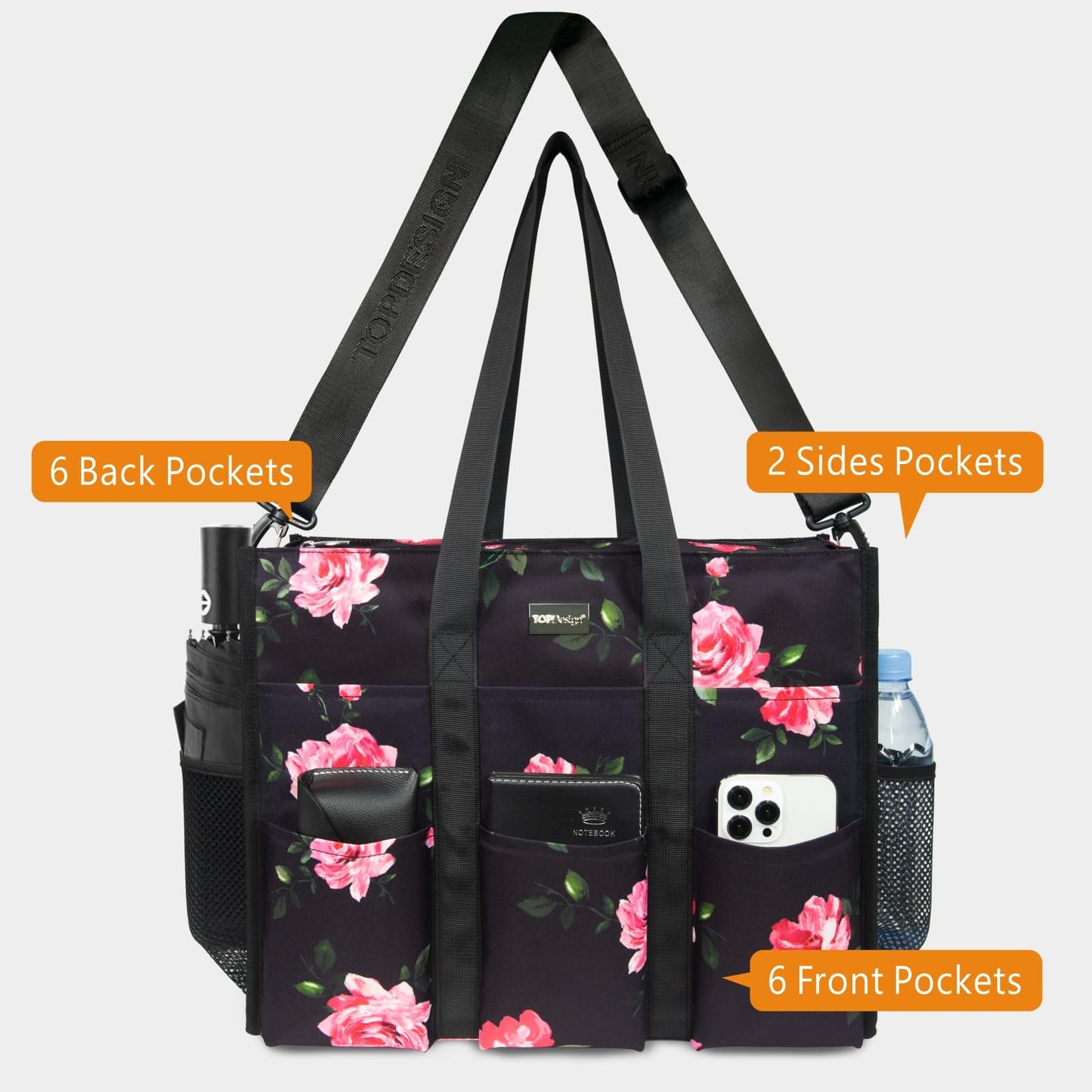 TOPDesign Utility Water Resistant Tote Bag with 22 Pockets, Top Zipper Closure & Thick Bottom Support, for Working Women