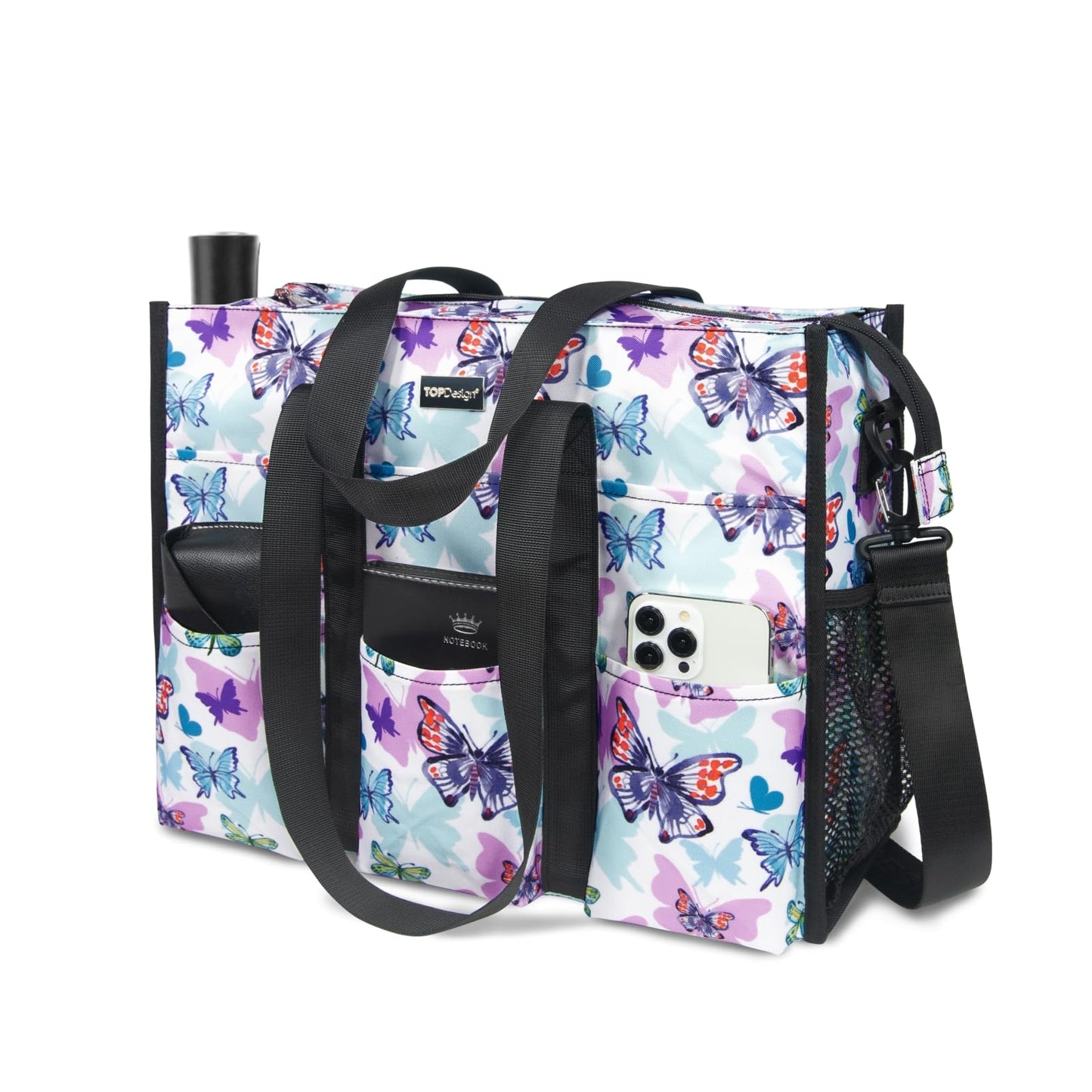 TOPDesign Utility Water Resistant Tote Bag with 22 Pockets, Top Zipper Closure & Thick Bottom Support, for Working Women