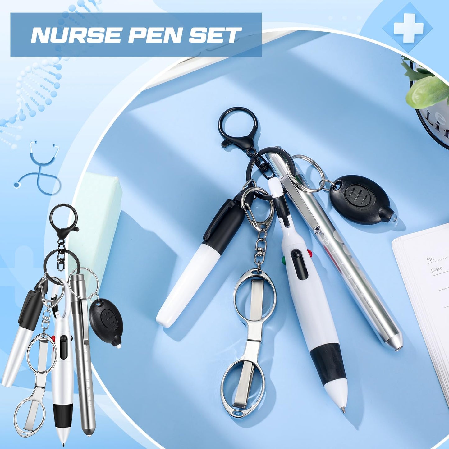 6 Pcs Nurse Pen Set Include Permanent Marker Pen Retractable Ballpoint Pen Keychain Clip Foldable Scissors Lights LED Flashlight Keychain for Nurse Accessories(Purple)
