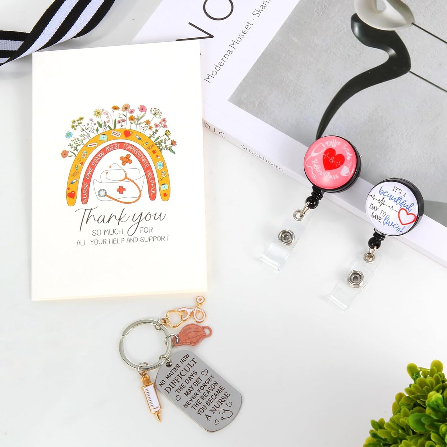 Nurse Appreciation Gifts: Canvas Beach Bag, Glass Cup, Socks, Keychain, Badge Reel Holder